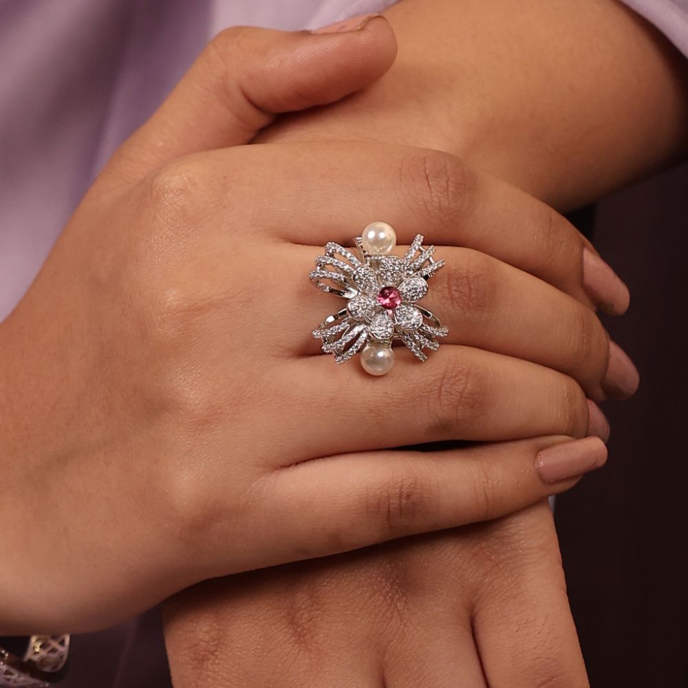 925 Sterling Silver & CZ Pearl Flower Ring
