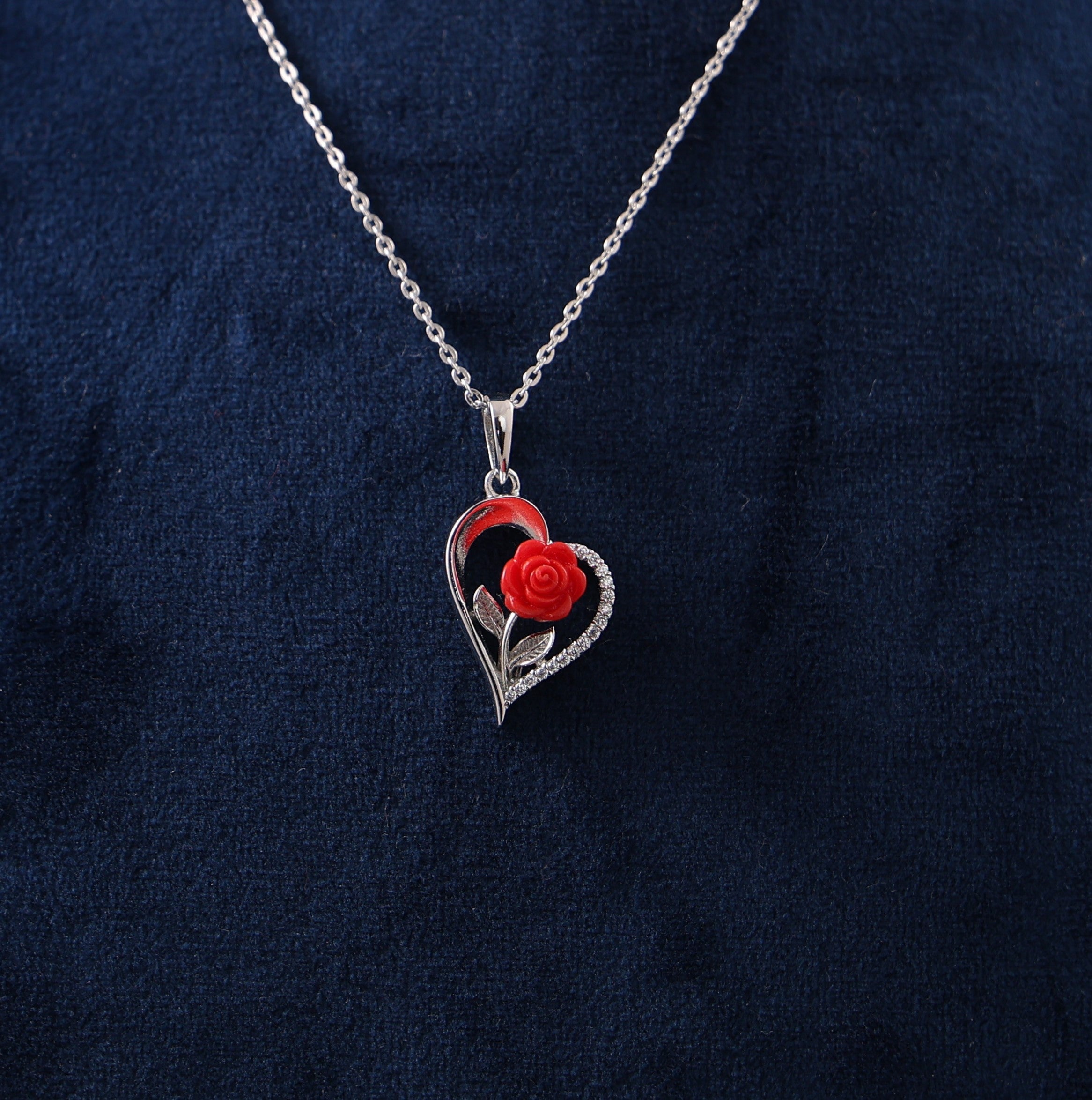 925 Sterling Silver & Enamel Rose Heart Pendant