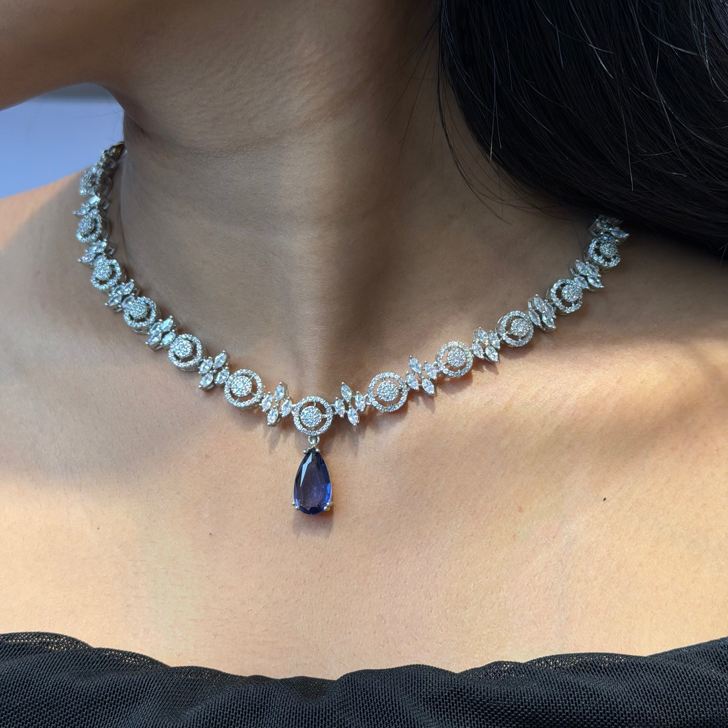 Sparkling CZ stone with 925 Silver Necklace set with Central Teardrop Stone