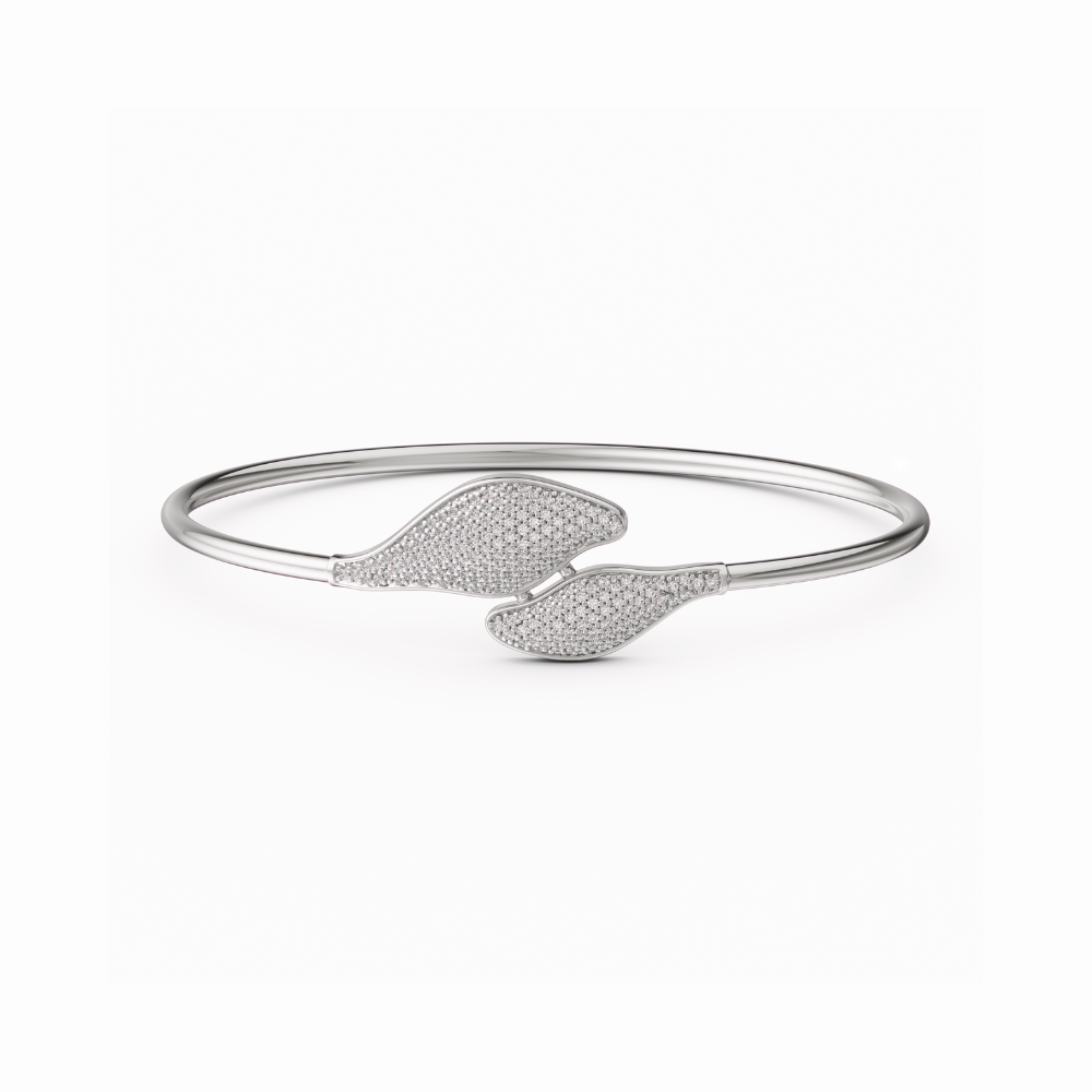 925 Sterling Silver CZ Pave Leaf Cuff Bracelet