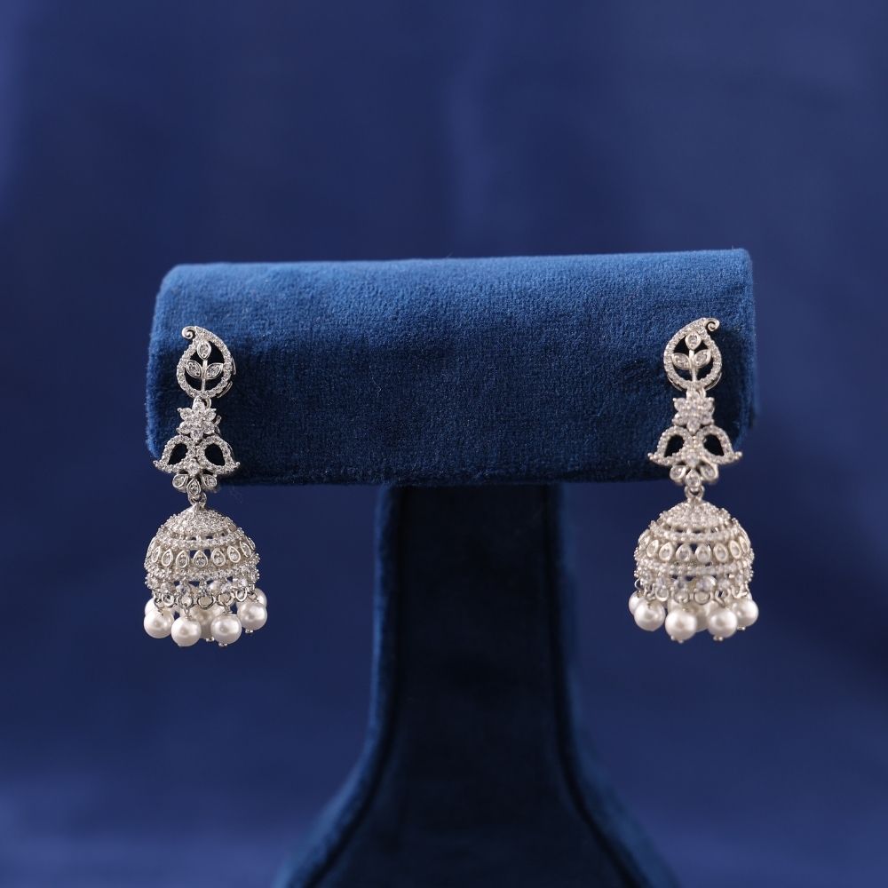 92.5 Sterling Silver Floral Pearl Drop with CZ stones Jhumki Earring for women