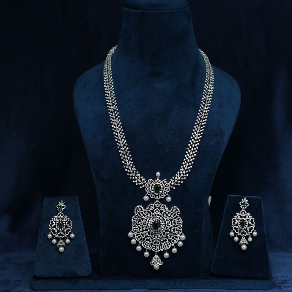 Silver Plated Cubic Zirconia stone studded 925 silver Bridal Dulhan Wedding Jewellery Set Haram and Earrings