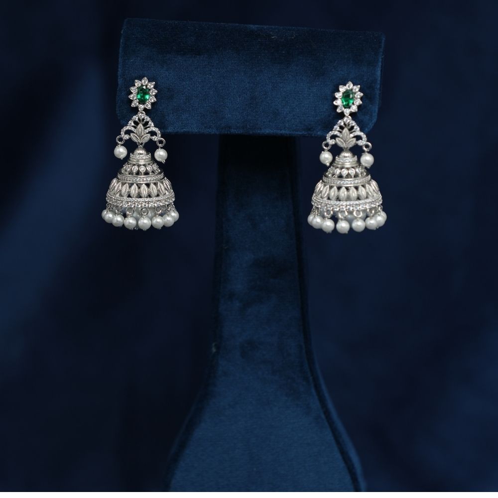 Traditional Ethnic Studded CZ stone studded Big 925 Sterling Silver Jhumka Jhumki For Girl