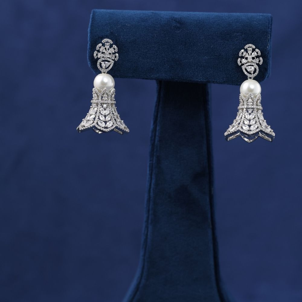 CLASSIYA Cubic Zircon 925 Silver Designer Drop bell Traditional Jhumka Earrings for Women and Girls
