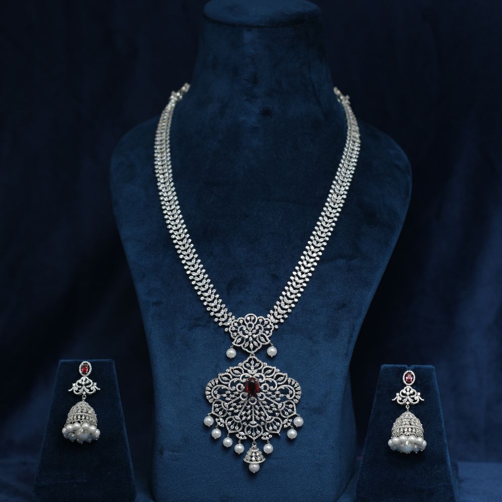 925 silver zircon Luxurious Long Necklace Indian Jewelry Wedding Necklace Har Harem with Earrings