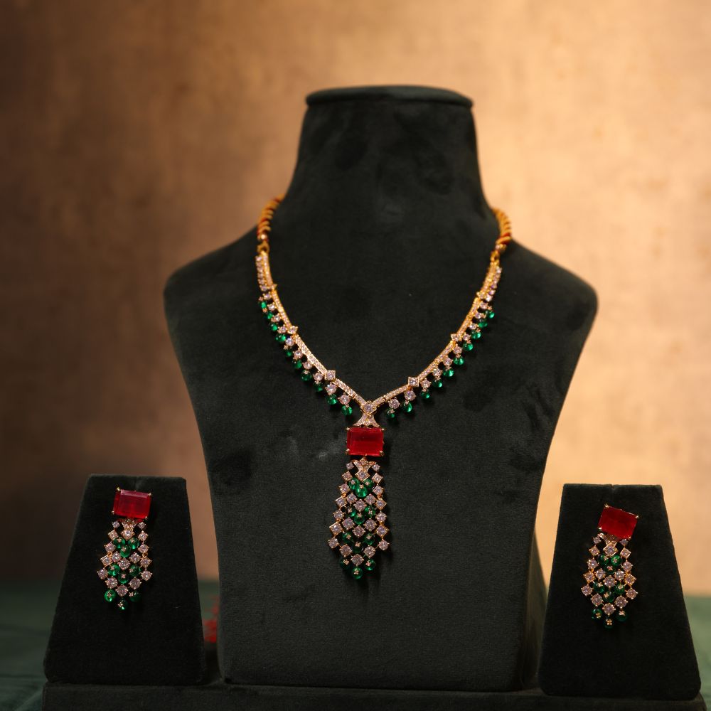 Buy CLASSIYA Collection Rhodium-Plated CZ Stone Studded Emerald Necklace and Earrings Jewellery Set for Women