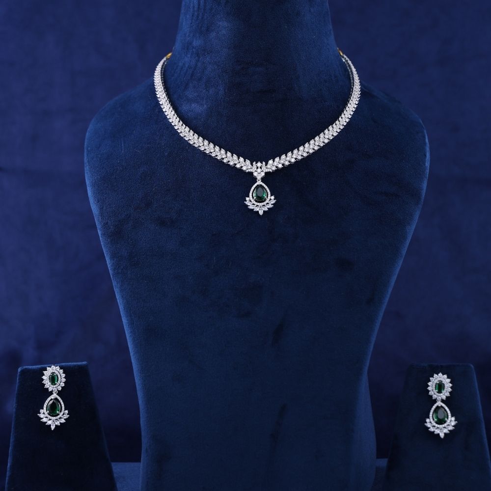 Shiny White Rhodium Plated 92.5 sterling Silver Necklace with multi colored CZ Stones Accents Intricate Silver Necklace with Earrings Set for every occasion