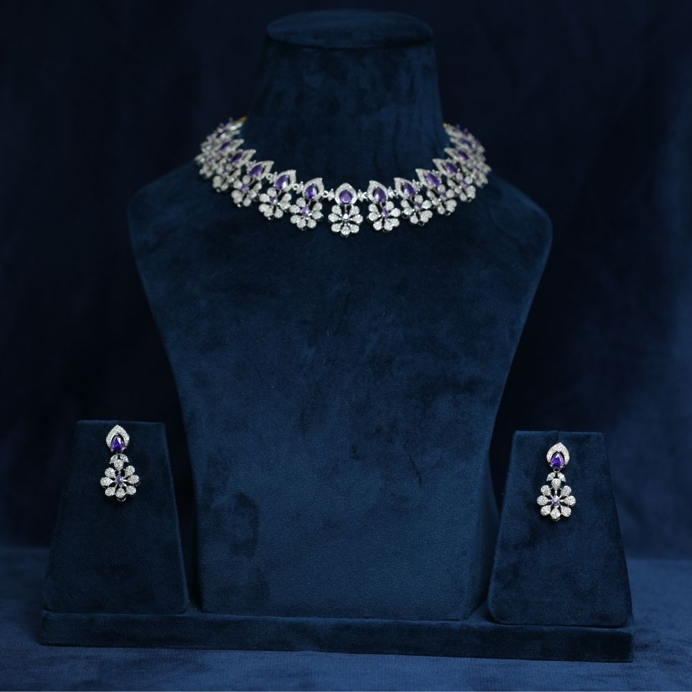 925 silver Polished With White & purple stone Choker Necklace Set