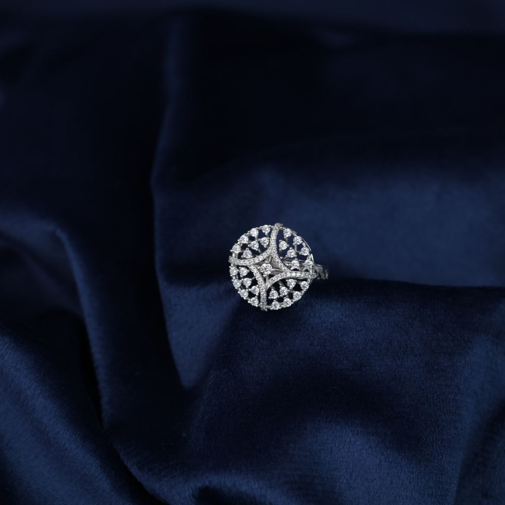 White Gold CZ studded Cocktail Ring Round Cluster Design
