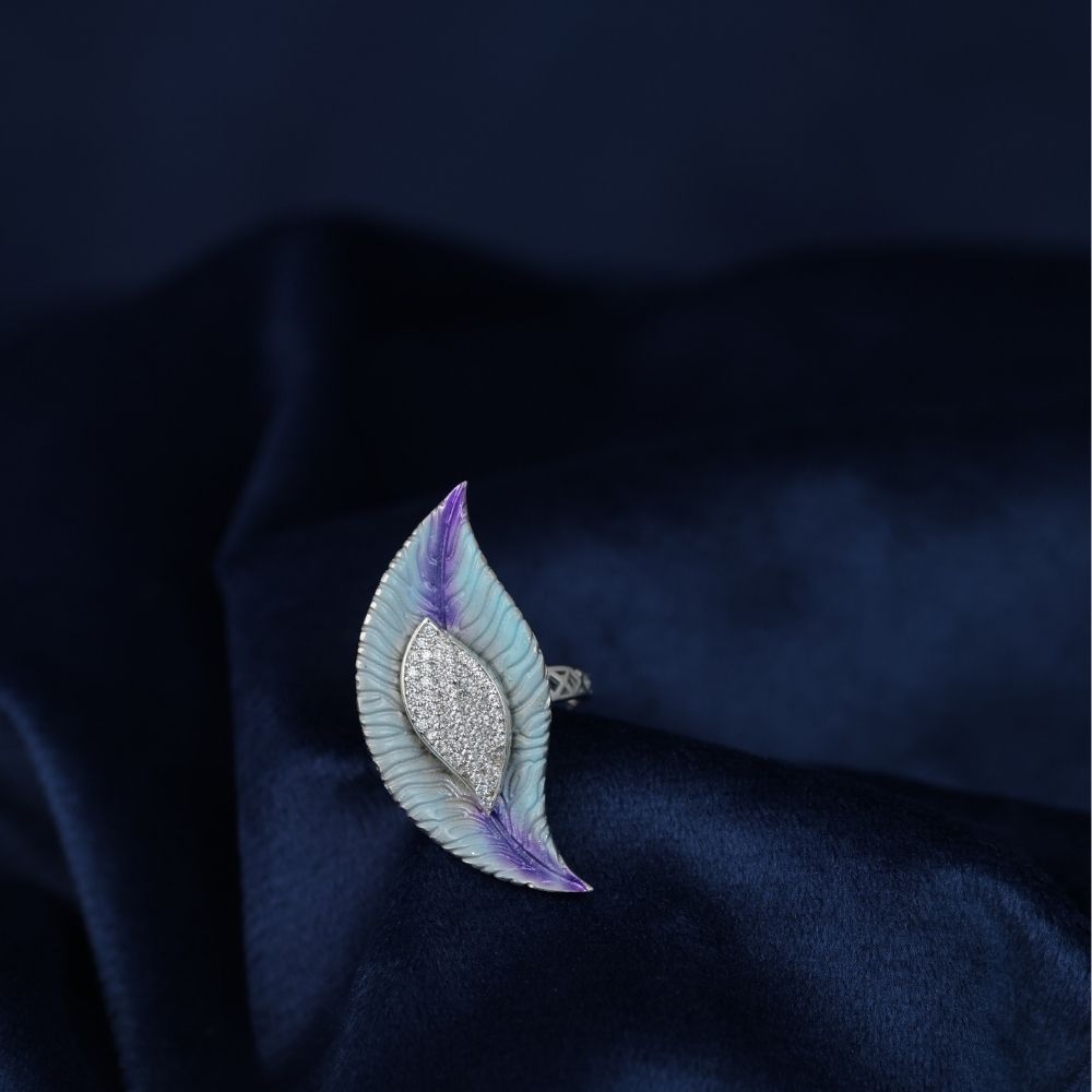 Peacock Plume CZ stone & Enamel 925 silver Cocktail Ring
