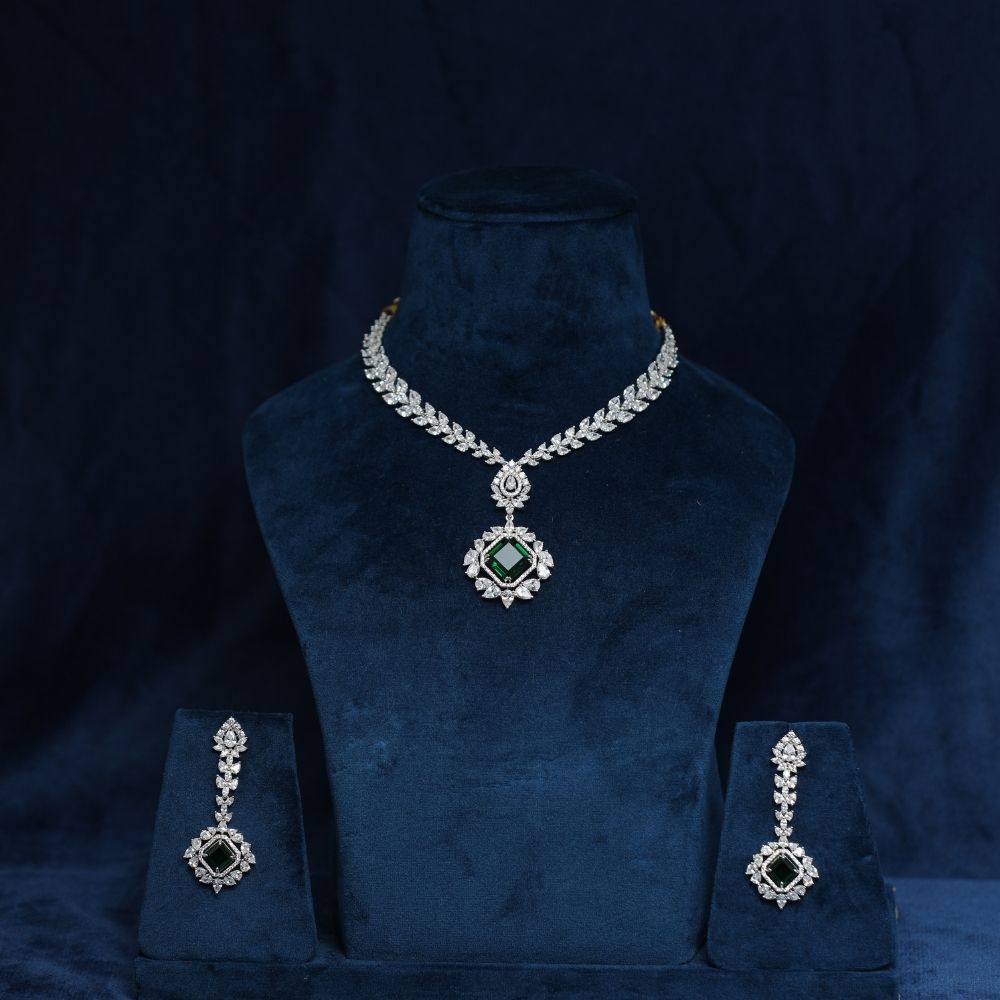 Buy Silver-Plated Emerald and white Cubic Zirconia Studded 925 silver Necklace Set Online Necklace And Earrings Jewellery Set for Women