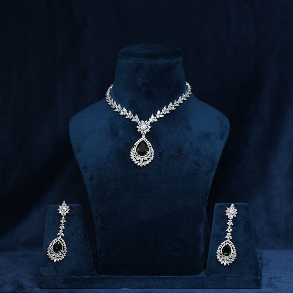 925 silver CZ stone Necklace Set Zircon Emerald Green Necklace set For Women and Girls