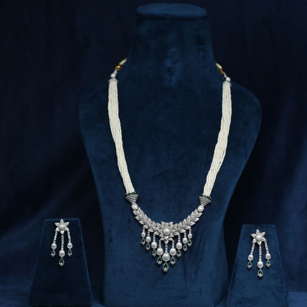 Victorian Style Long floral design 925 silver with CZ Stone & pearl Beads Pendant Necklace