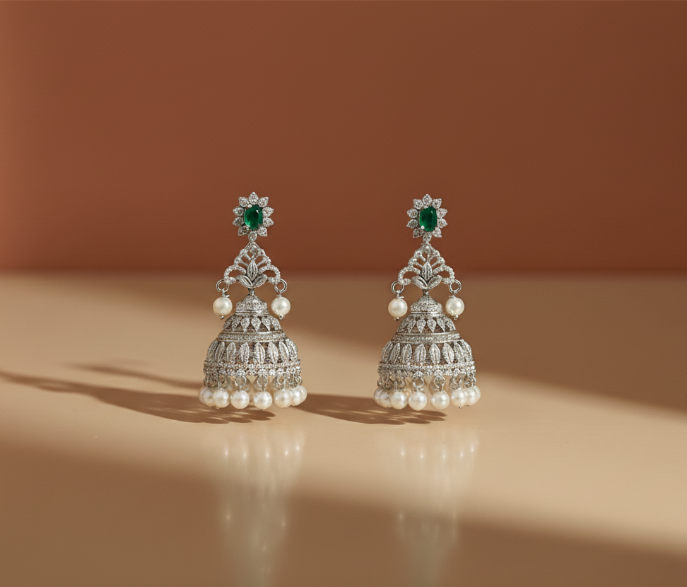 Traditional Ethnic Studded CZ stone studded Big 925 Sterling Silver Jhumka Jhumki For Girl