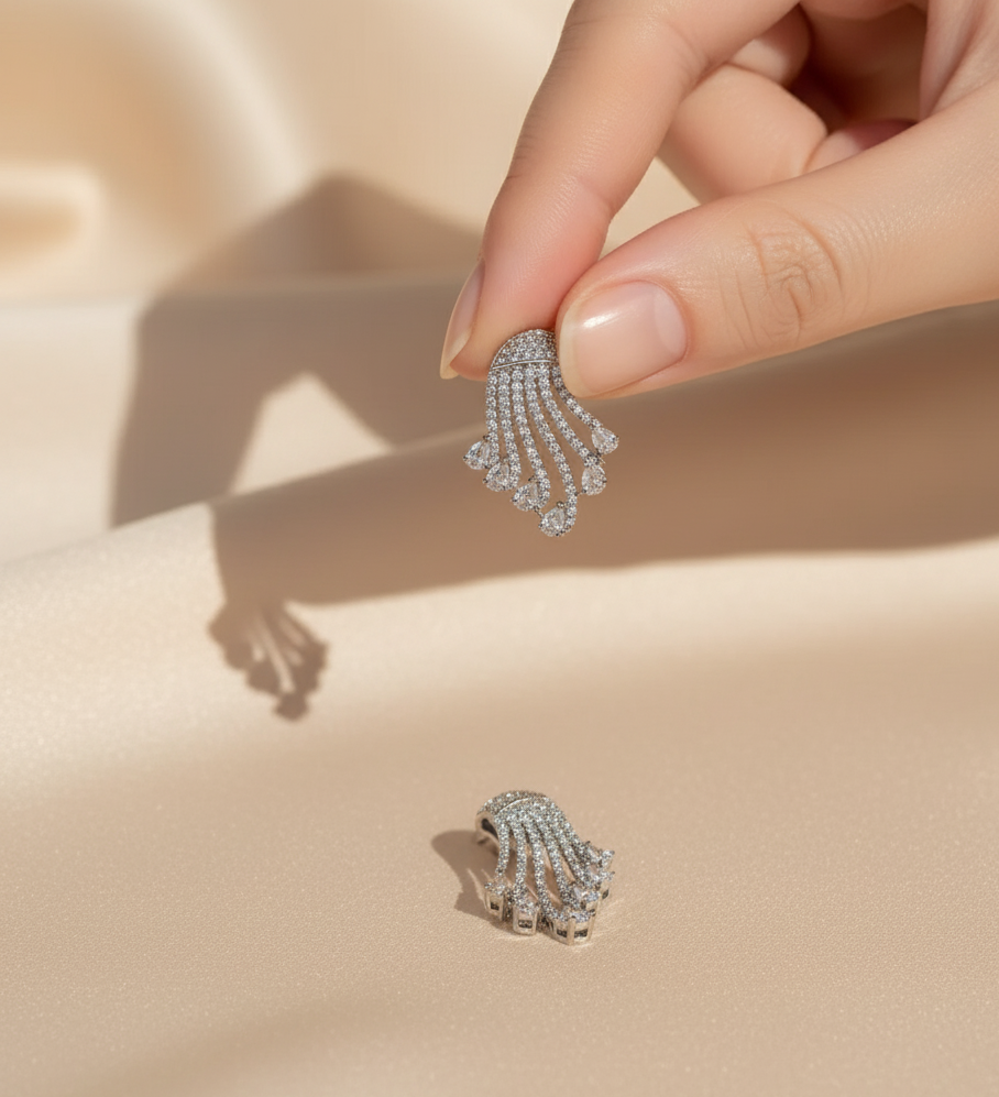 925 silver Bridal Fan Cluster Studs with Teardrop Dangles