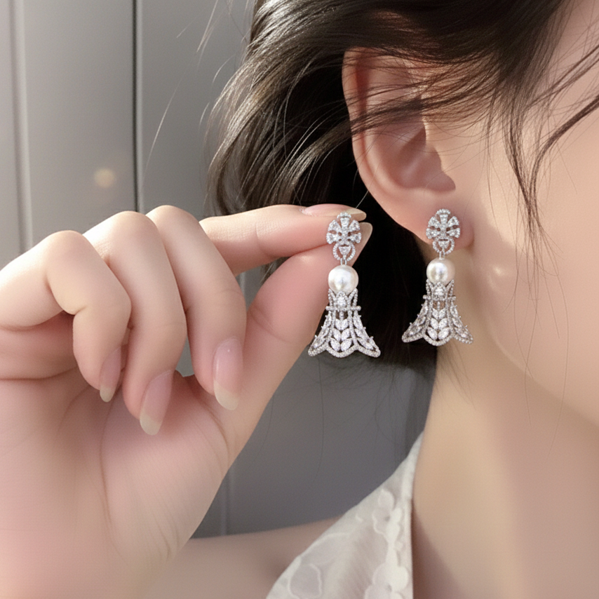 CLASSIYA Cubic Zircon 925 Silver Designer Drop bell Traditional Jhumka Earrings for Women and Girls