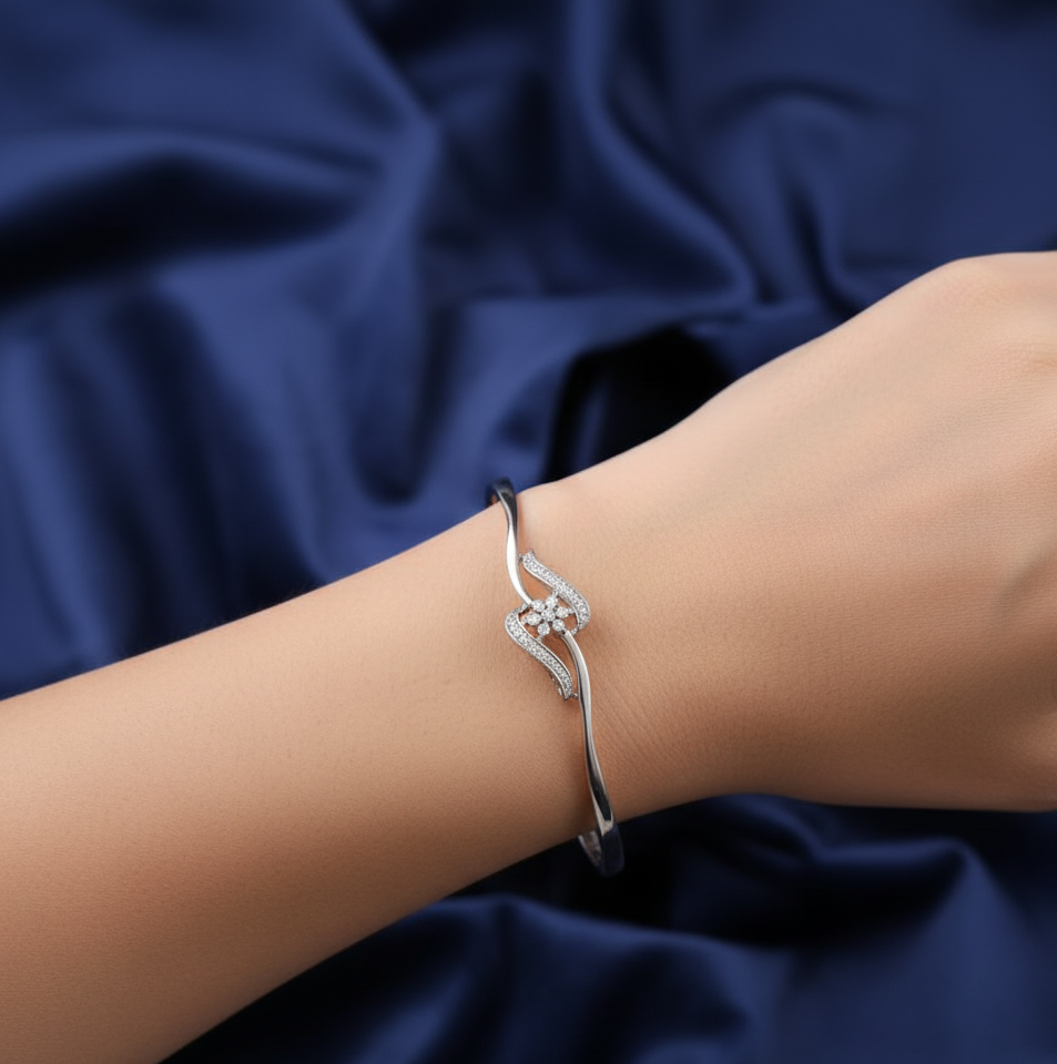 Contemporary Pave Swirl Flower 925 silver Bracelet