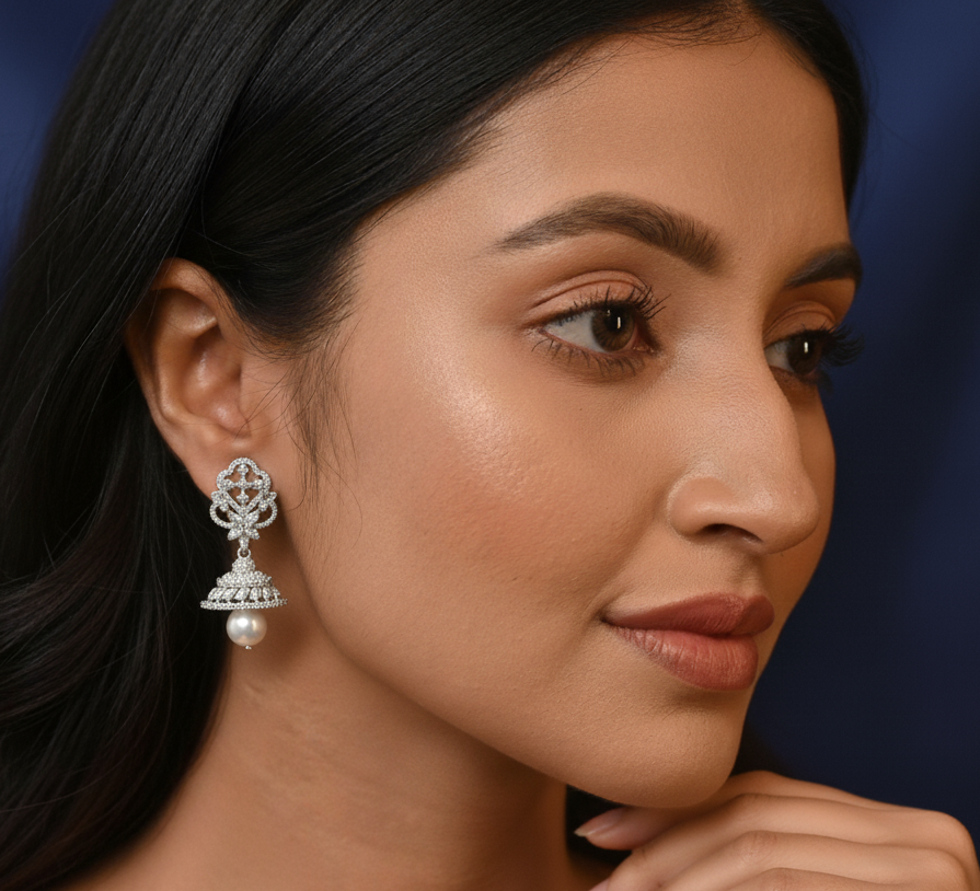 925 Silver Stylish Pearl jhumka for Women studded with CZ stone & Brilliant Lustre Pearls | Lovely Gift