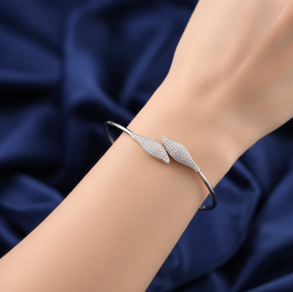 925 Sterling Silver CZ Pave Leaf Cuff Bracelet