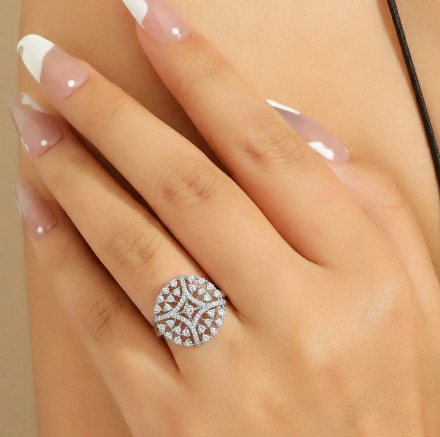 White Gold CZ studded Cocktail Ring Round Cluster Design