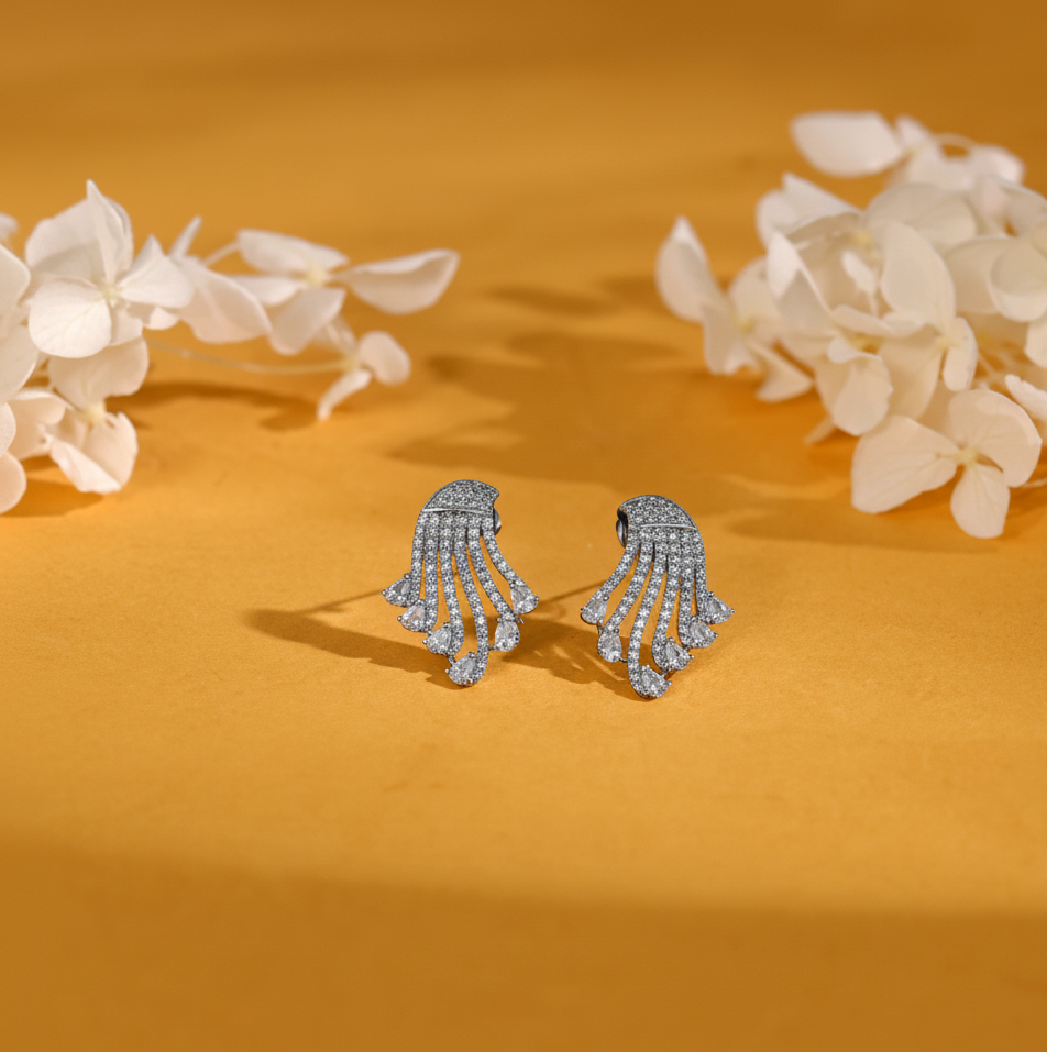 925 silver Bridal Fan Cluster Studs with Teardrop Dangles