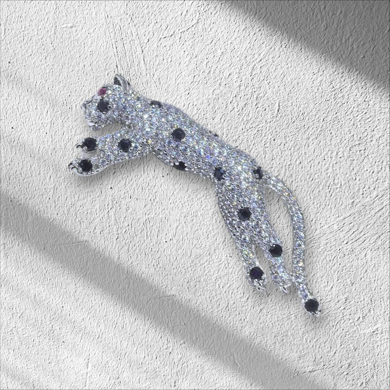 White and Black Accent Leaping Leopard 925 silver Brooch