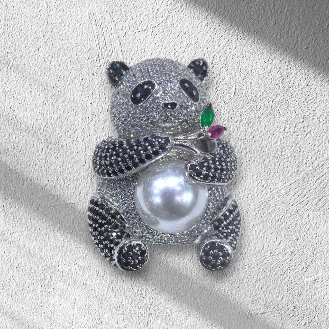 925 Silver CZ Panda Brooch with Simulated Pearl