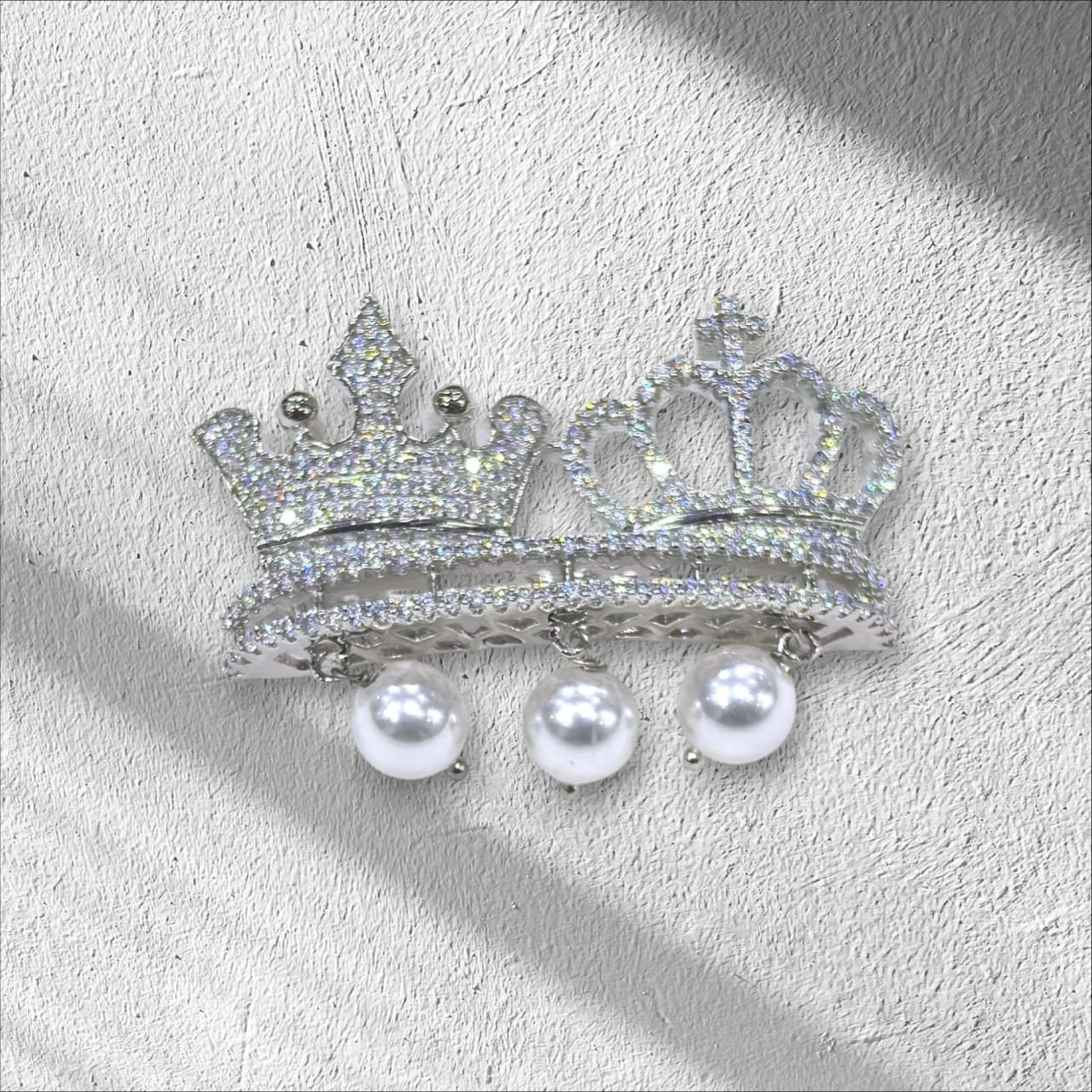 925 Sterling Silver CZ king & Queen Crown Brooch with Pearls