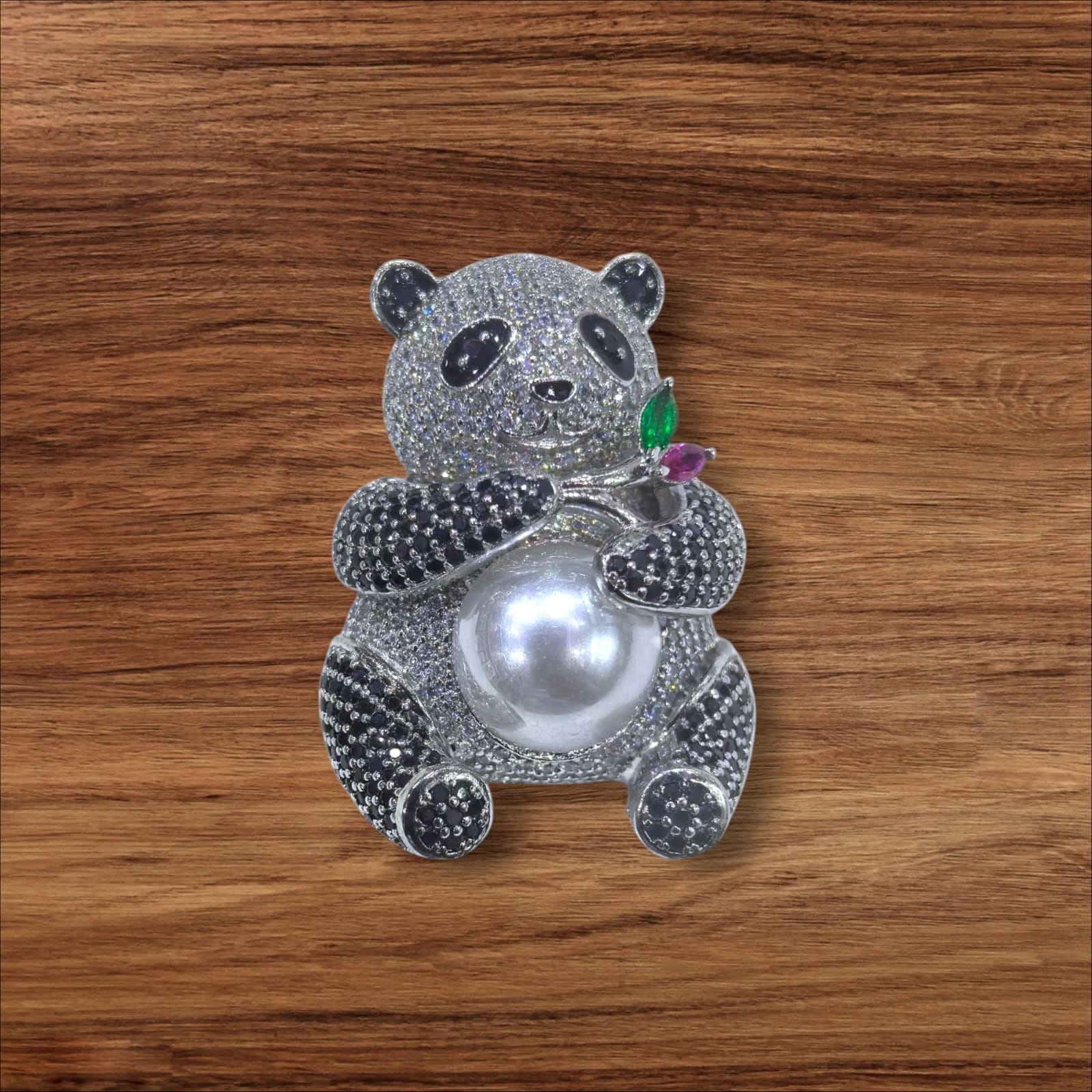 925 Silver CZ Panda Brooch with Simulated Pearl