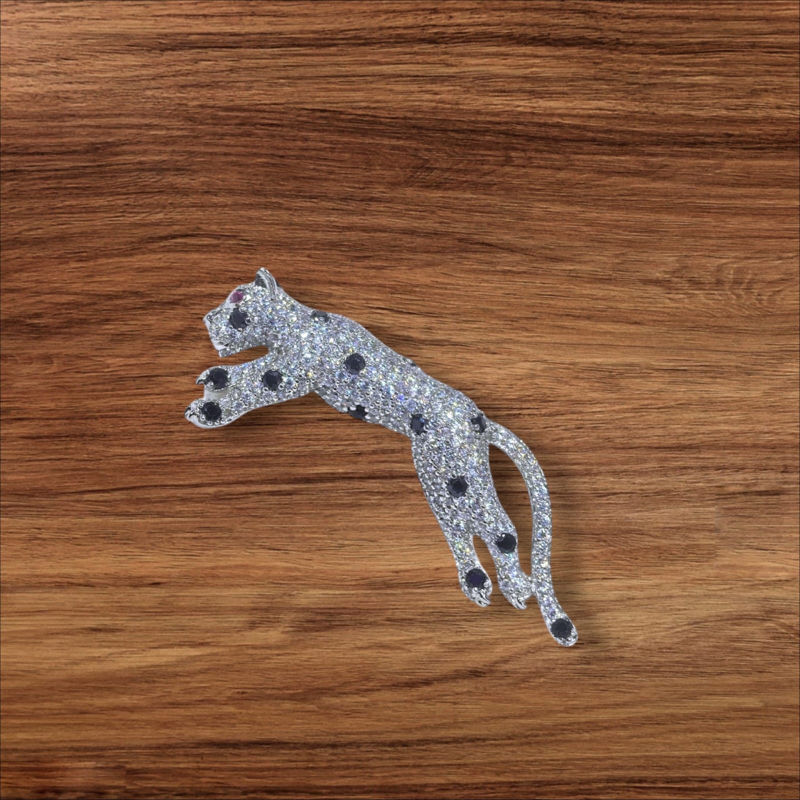 White and Black Accent Leaping Leopard 925 silver Brooch