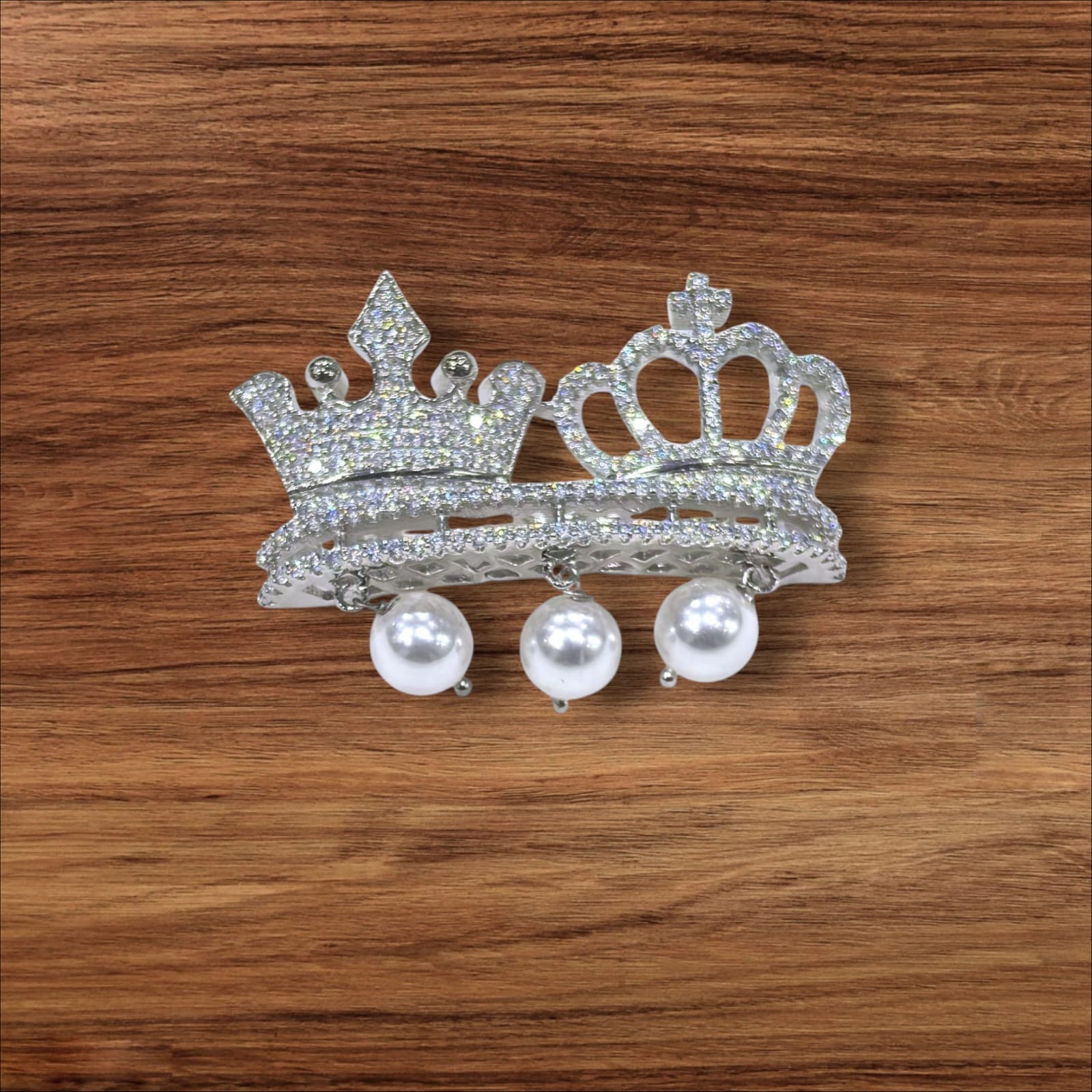 925 Sterling Silver CZ king & Queen Crown Brooch with Pearls