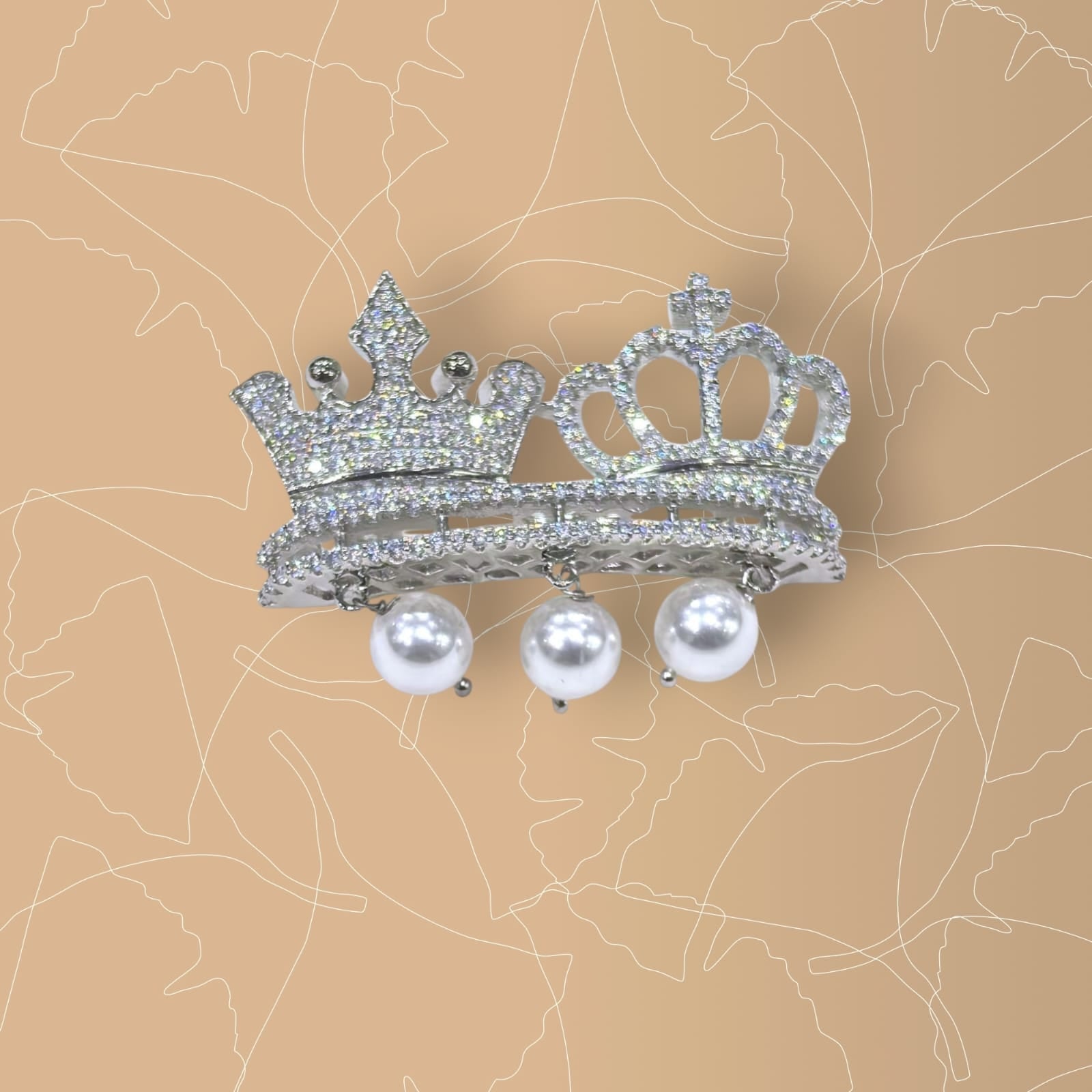 925 Sterling Silver CZ king & Queen Crown Brooch with Pearls