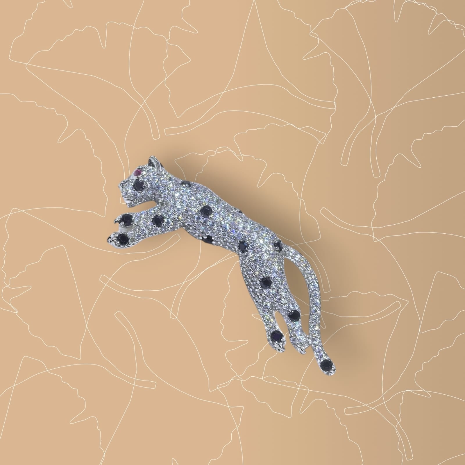 White and Black Accent Leaping Leopard 925 silver Brooch