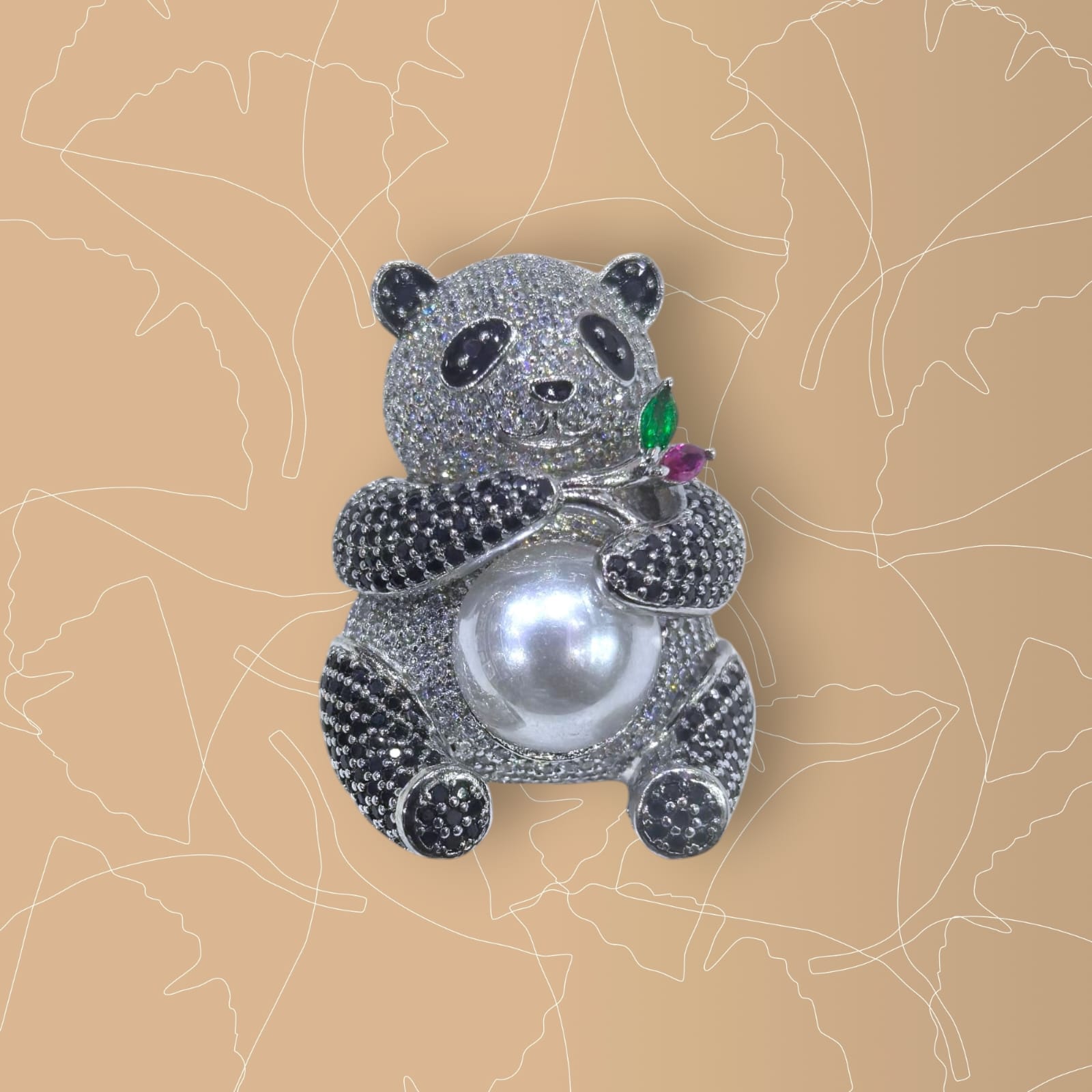 925 Silver CZ Panda Brooch with Simulated Pearl
