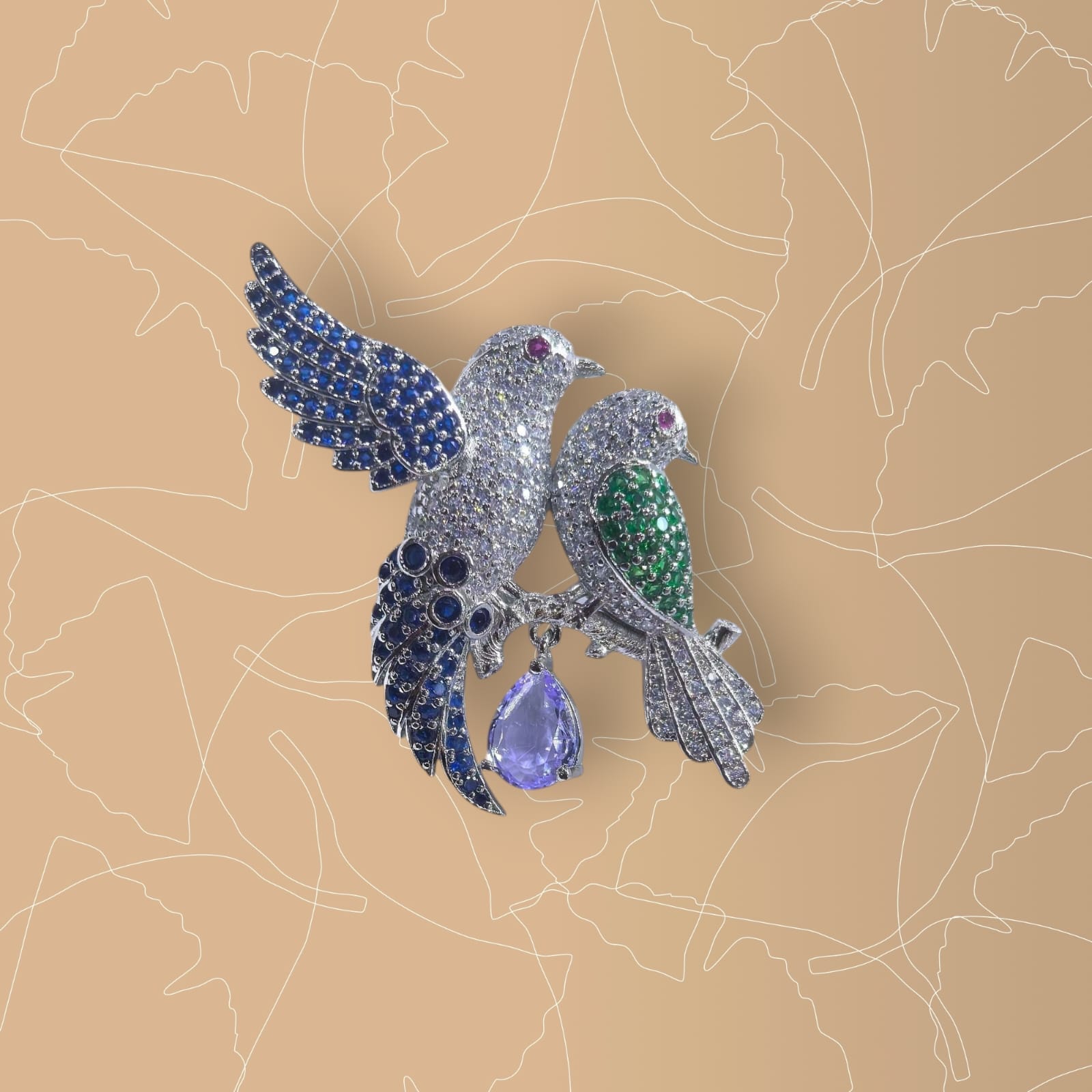 The Sparkling Lovebirds 925 silver with CZ Brooch