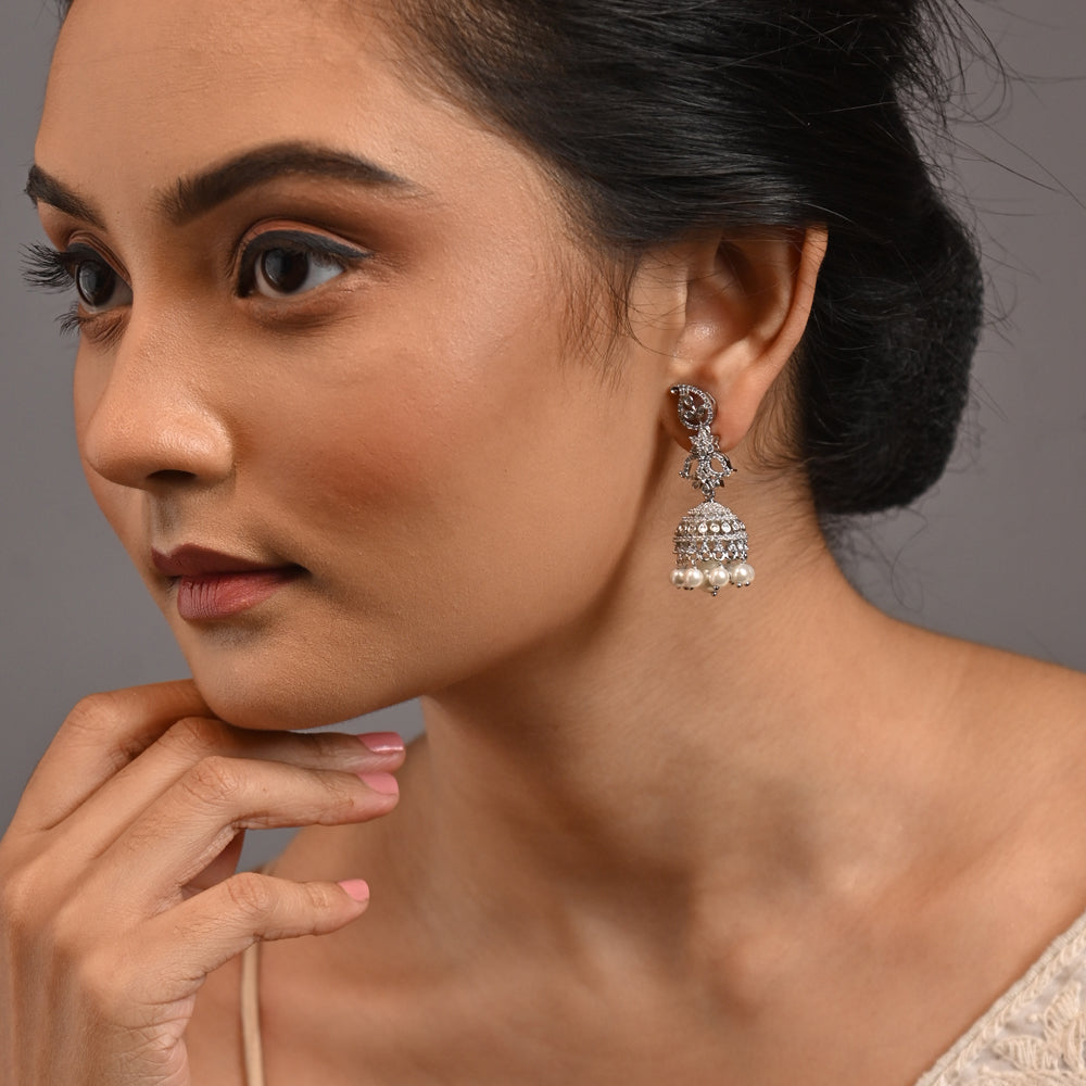 92.5 Sterling Silver Floral Pearl Drop with CZ stones Jhumki Earring for women