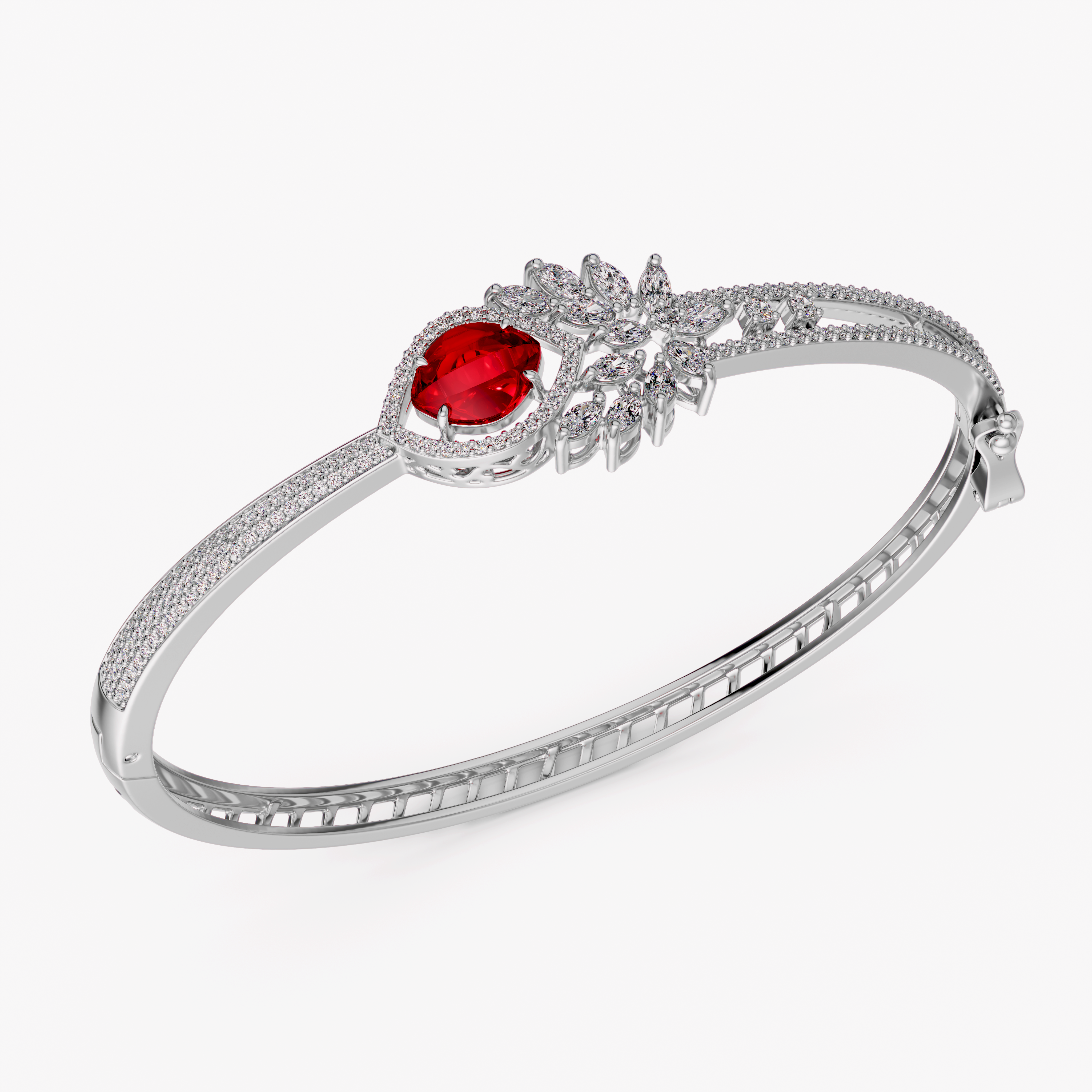 Elegant Red Stone Statement Bangle in 925 Silver with CZ Leaf Accents