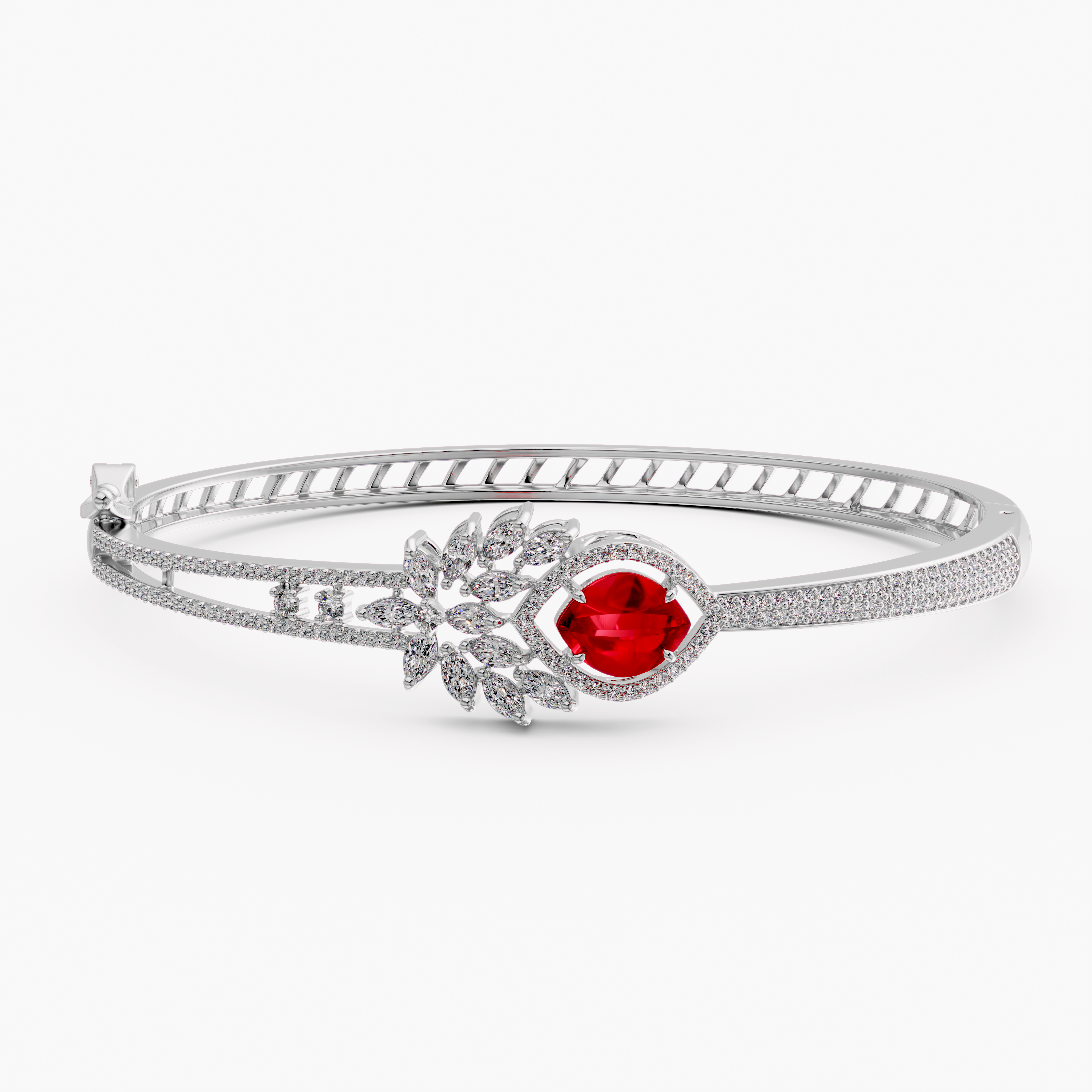 Elegant Red Stone Statement Bangle in 925 Silver with CZ Leaf Accents