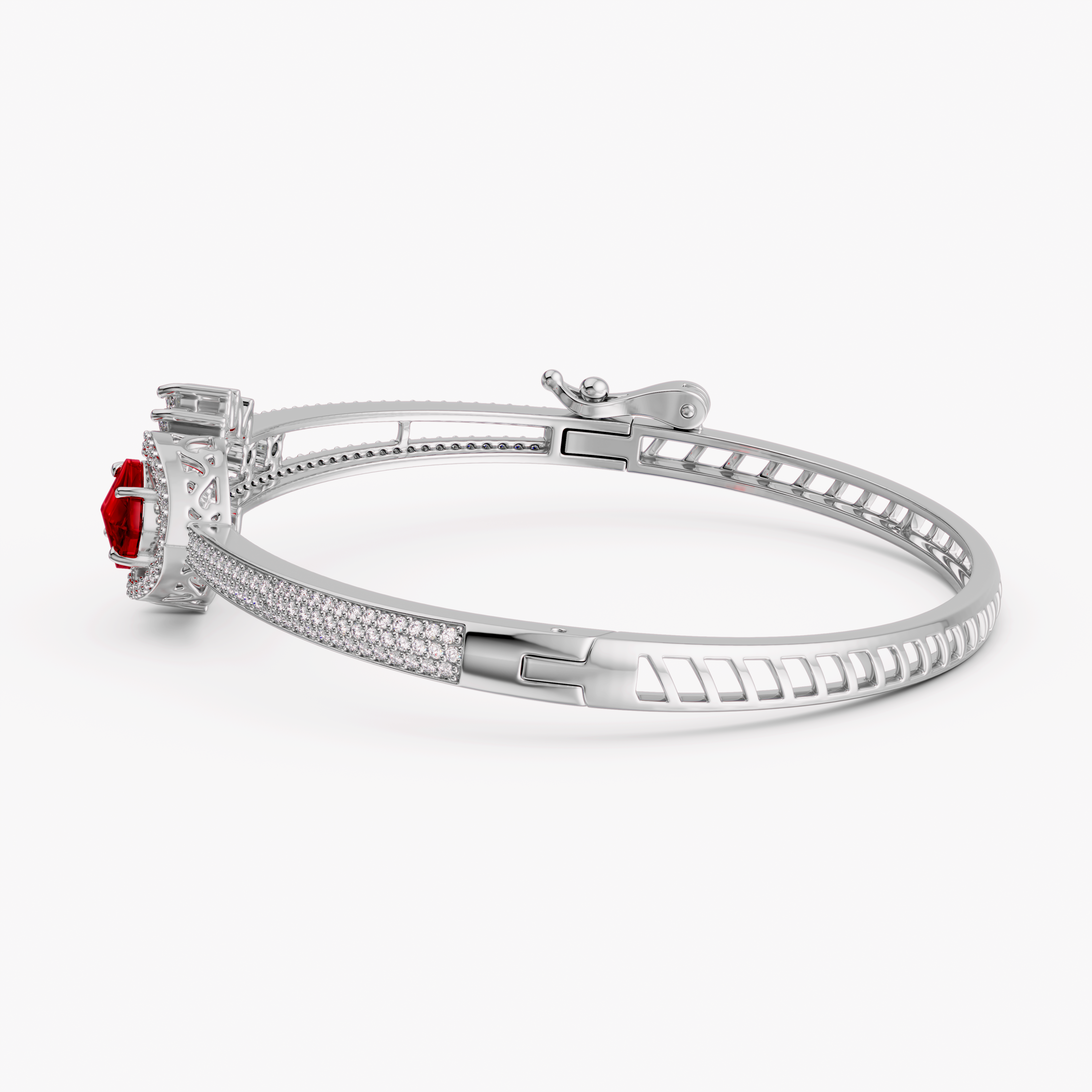 Elegant Red Stone Statement Bangle in 925 Silver with CZ Leaf Accents