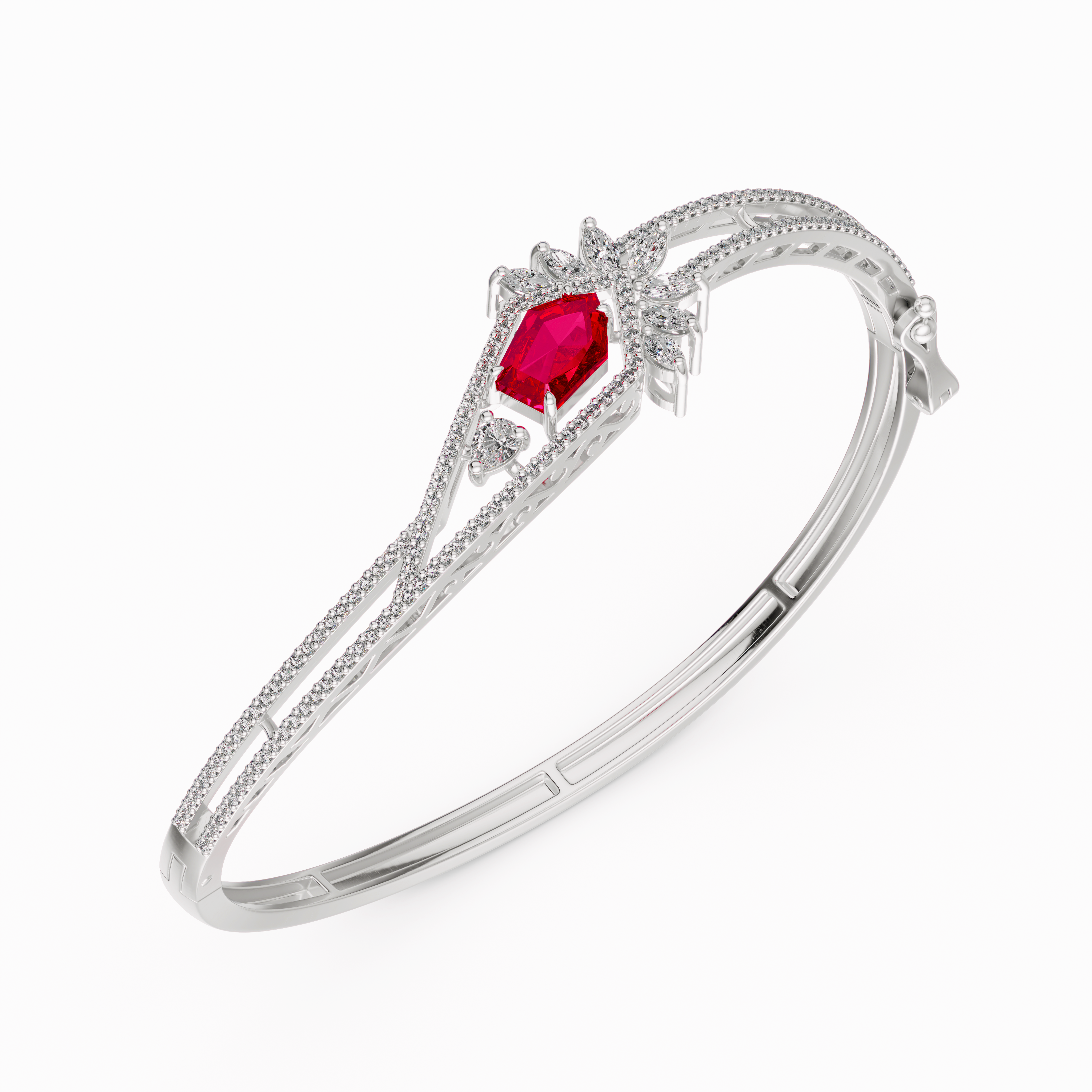 925 Sterling Silver Red CZ Bangle - Luxury Geometric Pave Bracelet