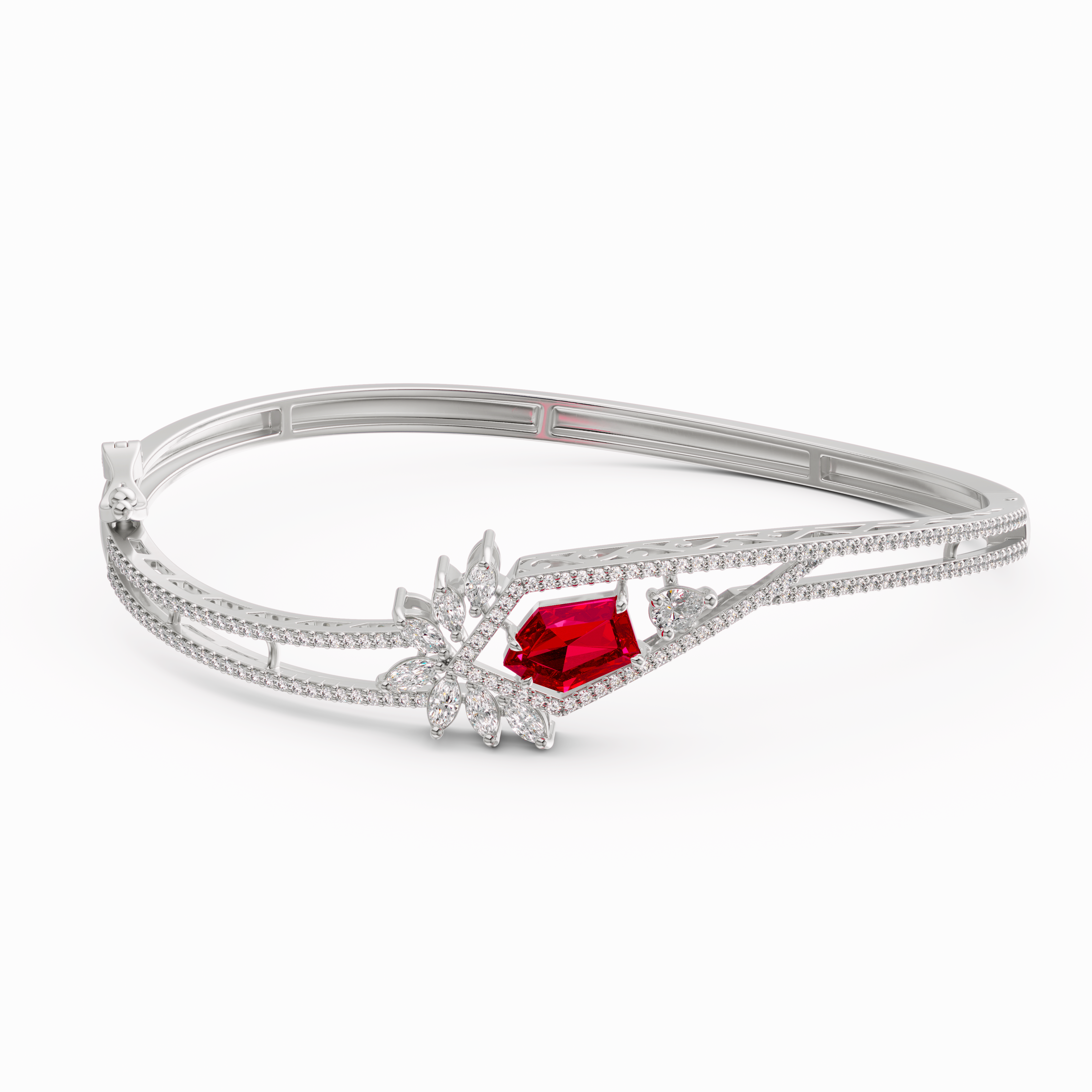 925 Sterling Silver Red CZ Bangle - Luxury Geometric Pave Bracelet