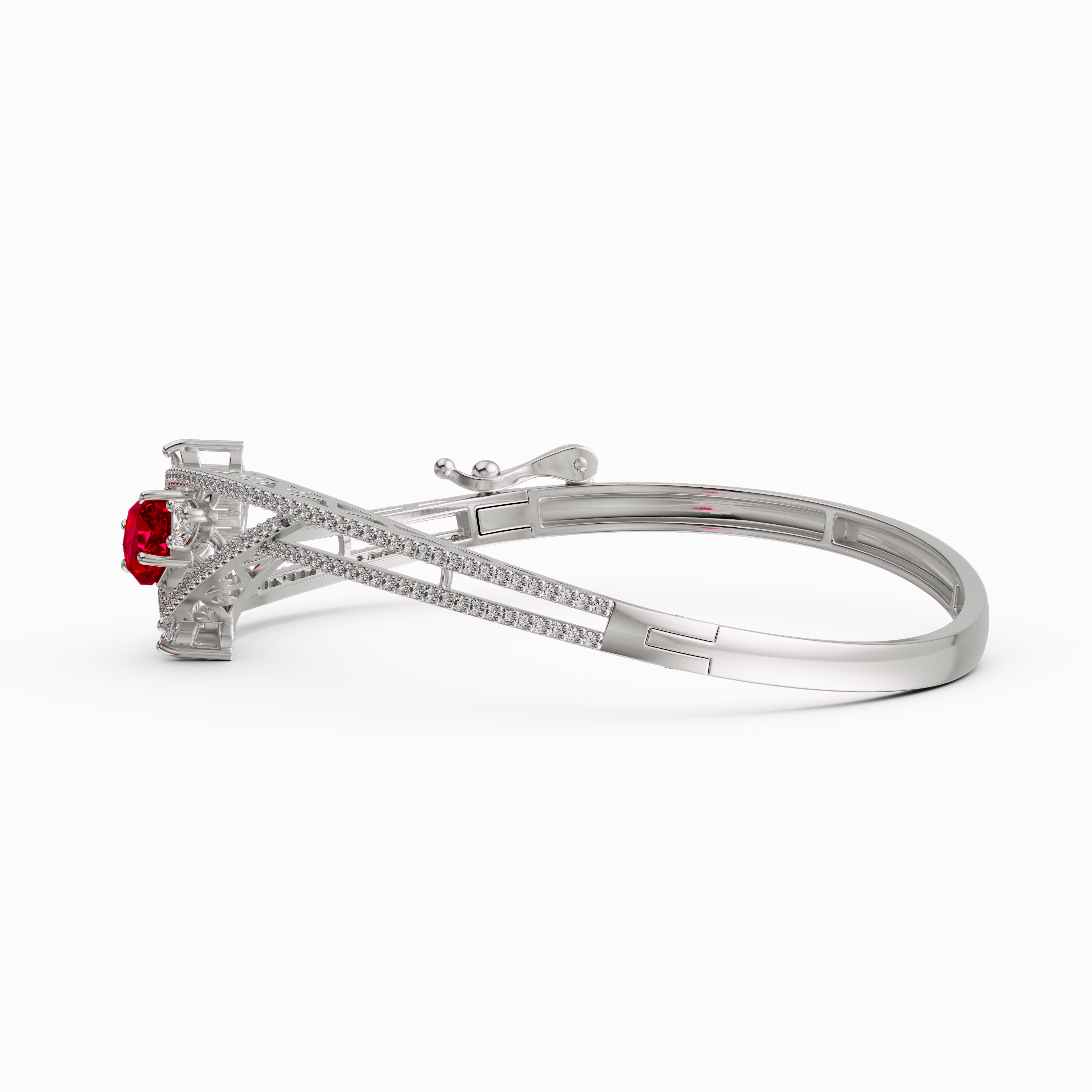 925 Sterling Silver Red CZ Bangle - Luxury Geometric Pave Bracelet