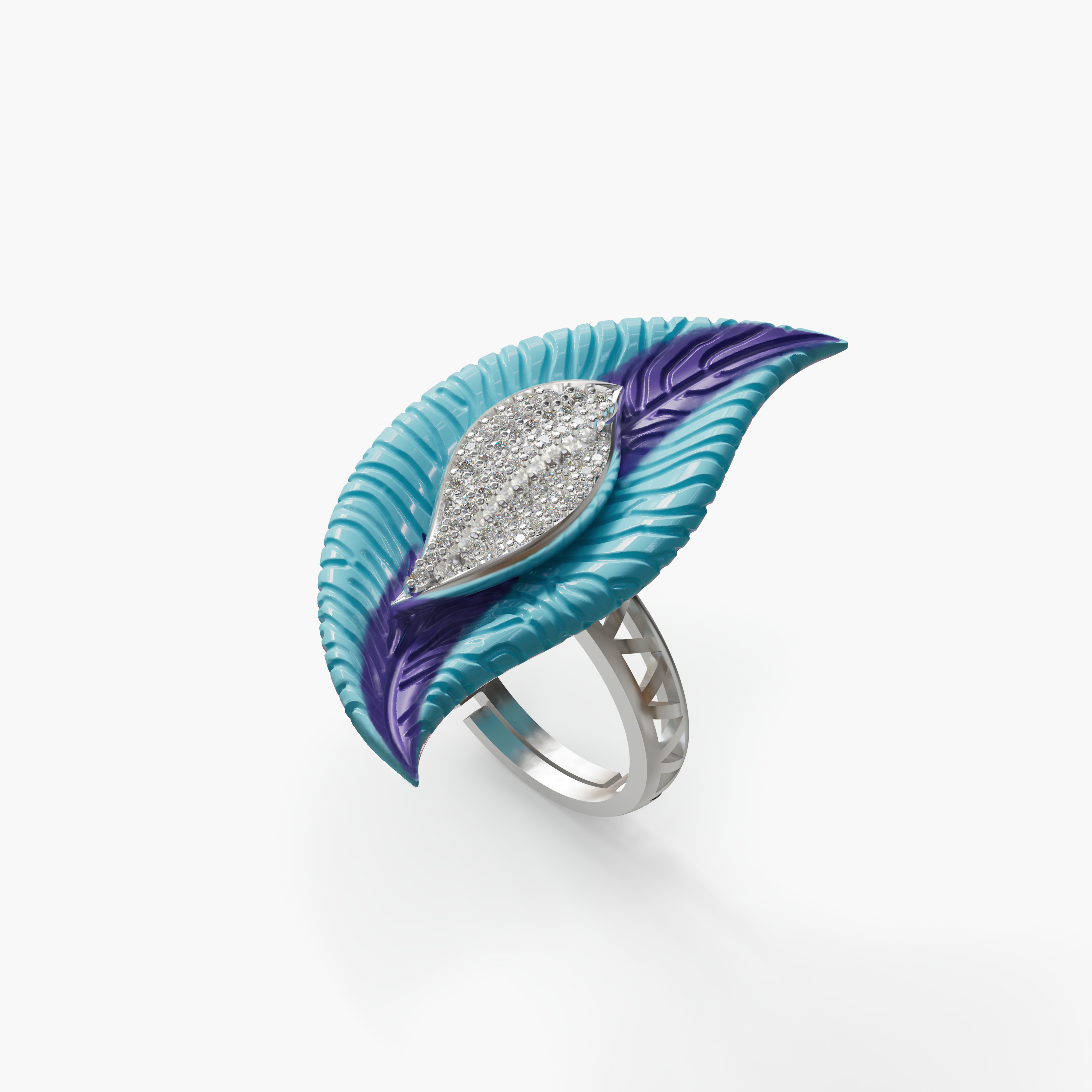 Peacock Plume CZ stone & Enamel 925 silver Cocktail Ring