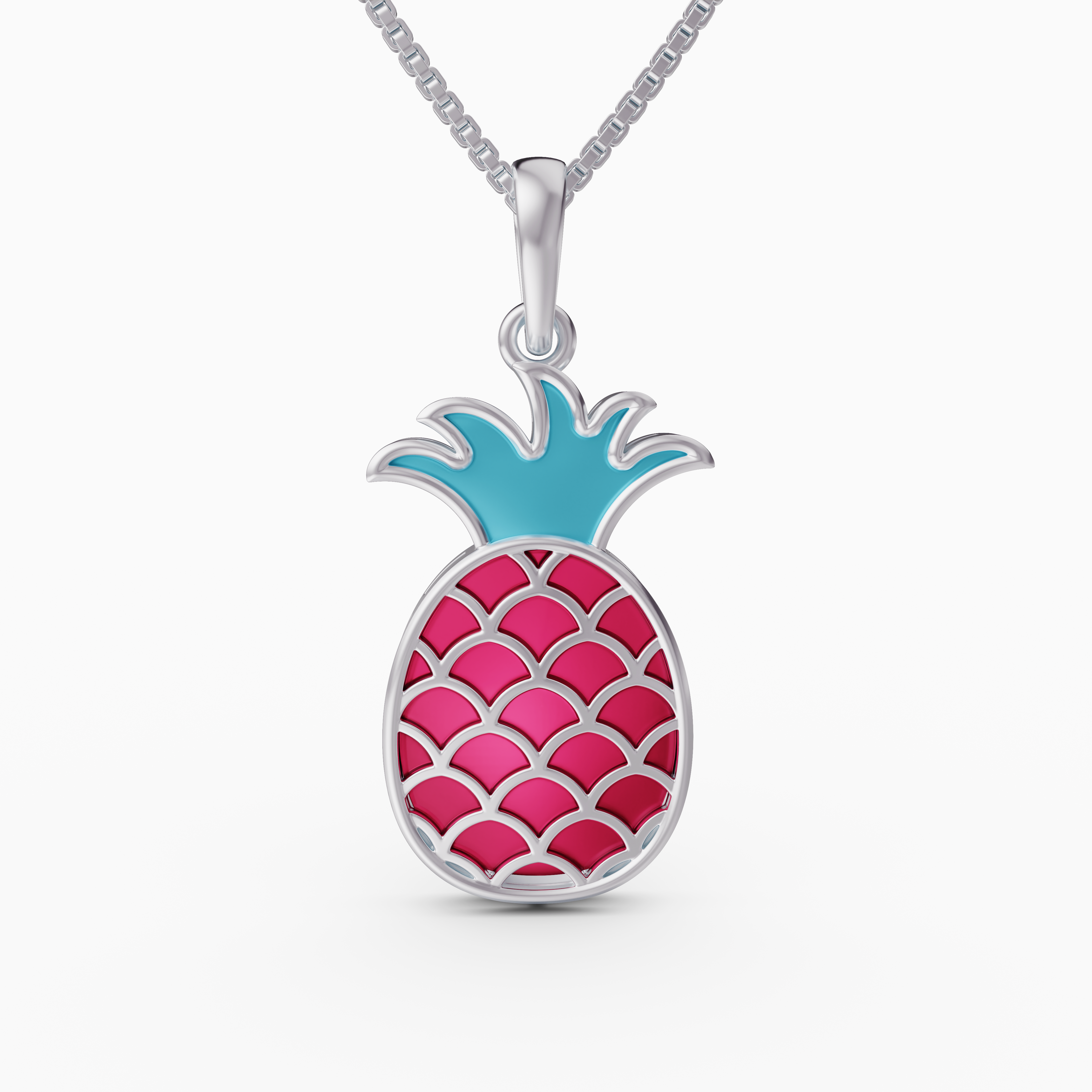 Vibrant Pink Enamel Pineapple Charm in 925 Silver with Tropical Blue Crown