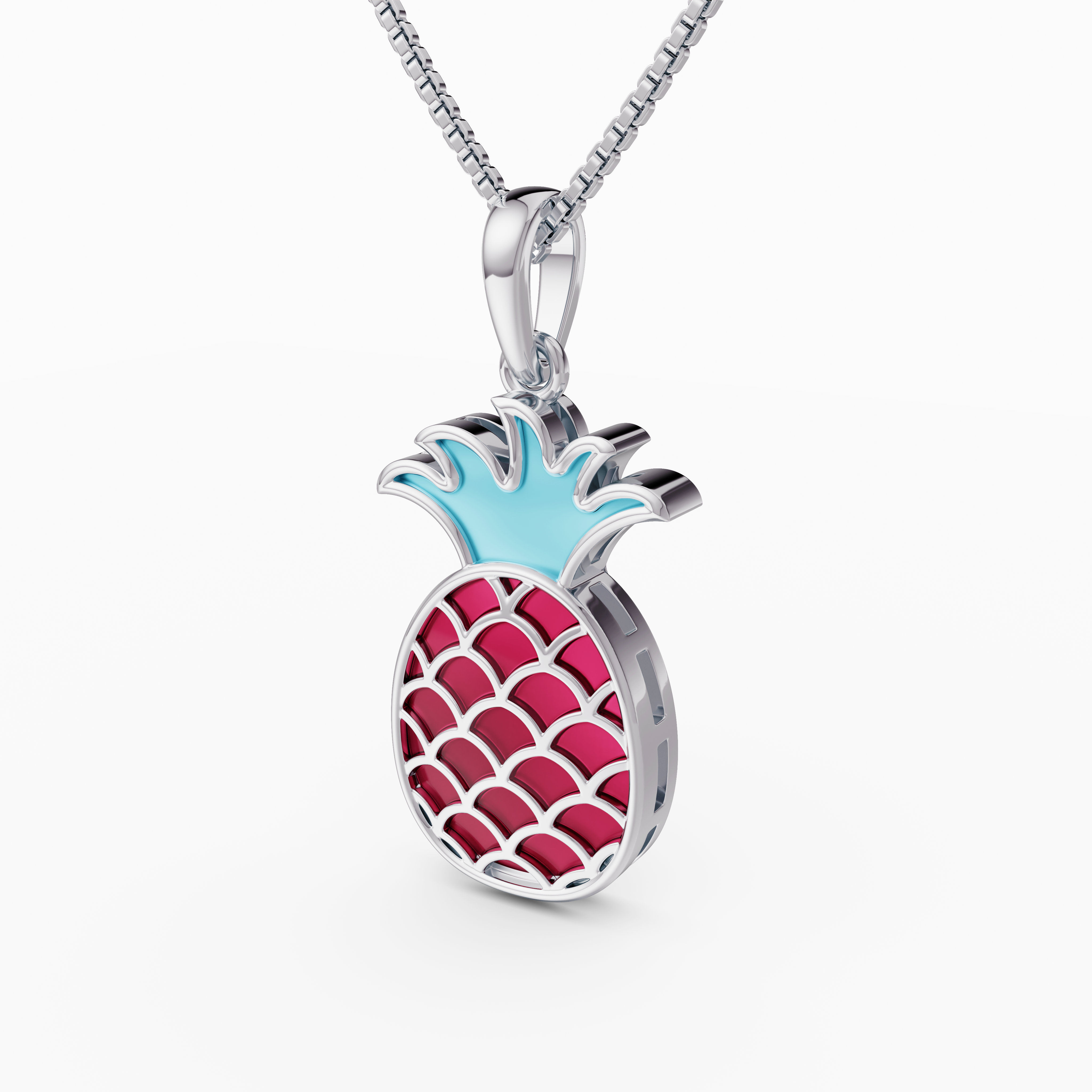 Vibrant Pink Enamel Pineapple Charm in 925 Silver with Tropical Blue Crown