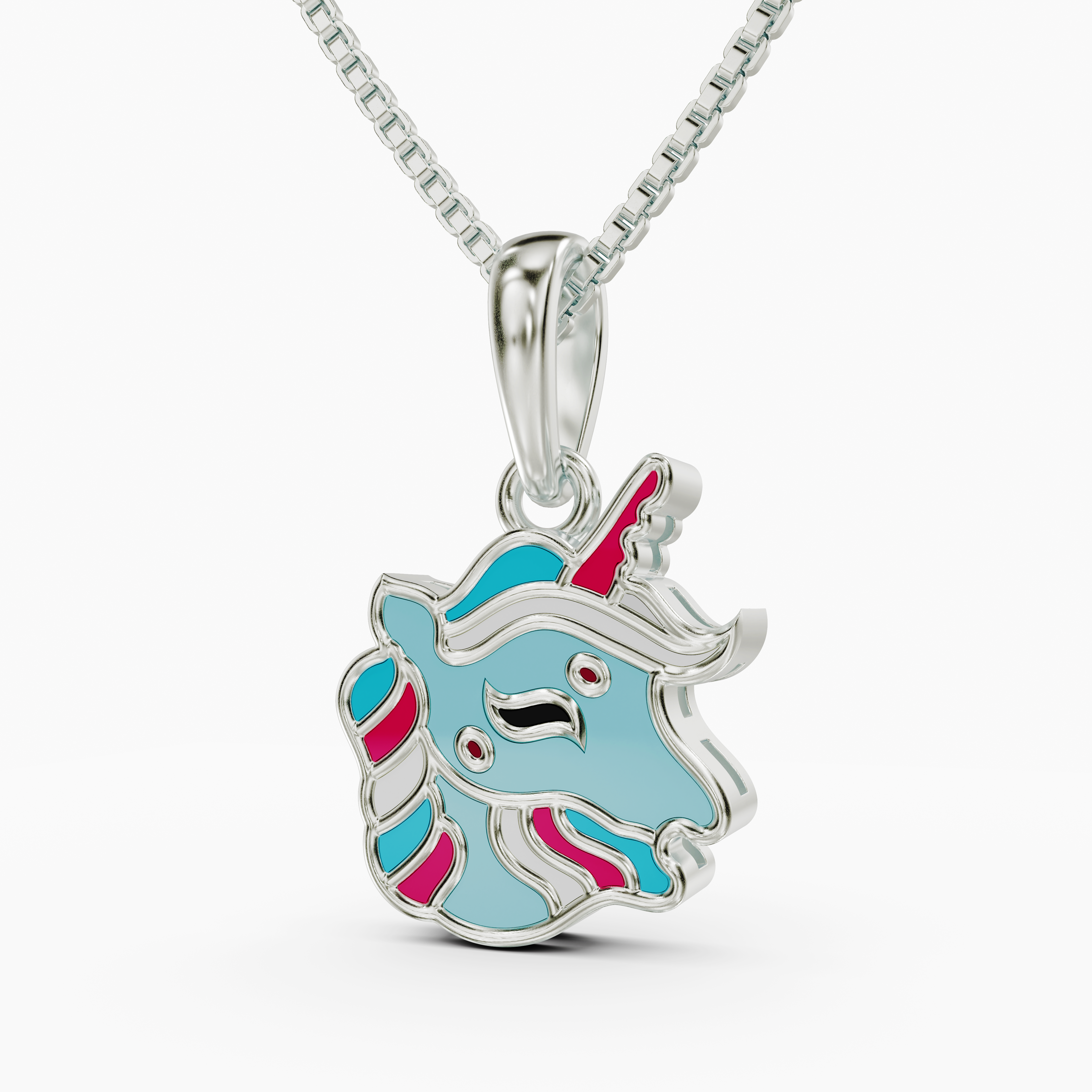 925 Sterling Silver Unicorn Pendant - Teal & Pink Enamel CZ Necklace