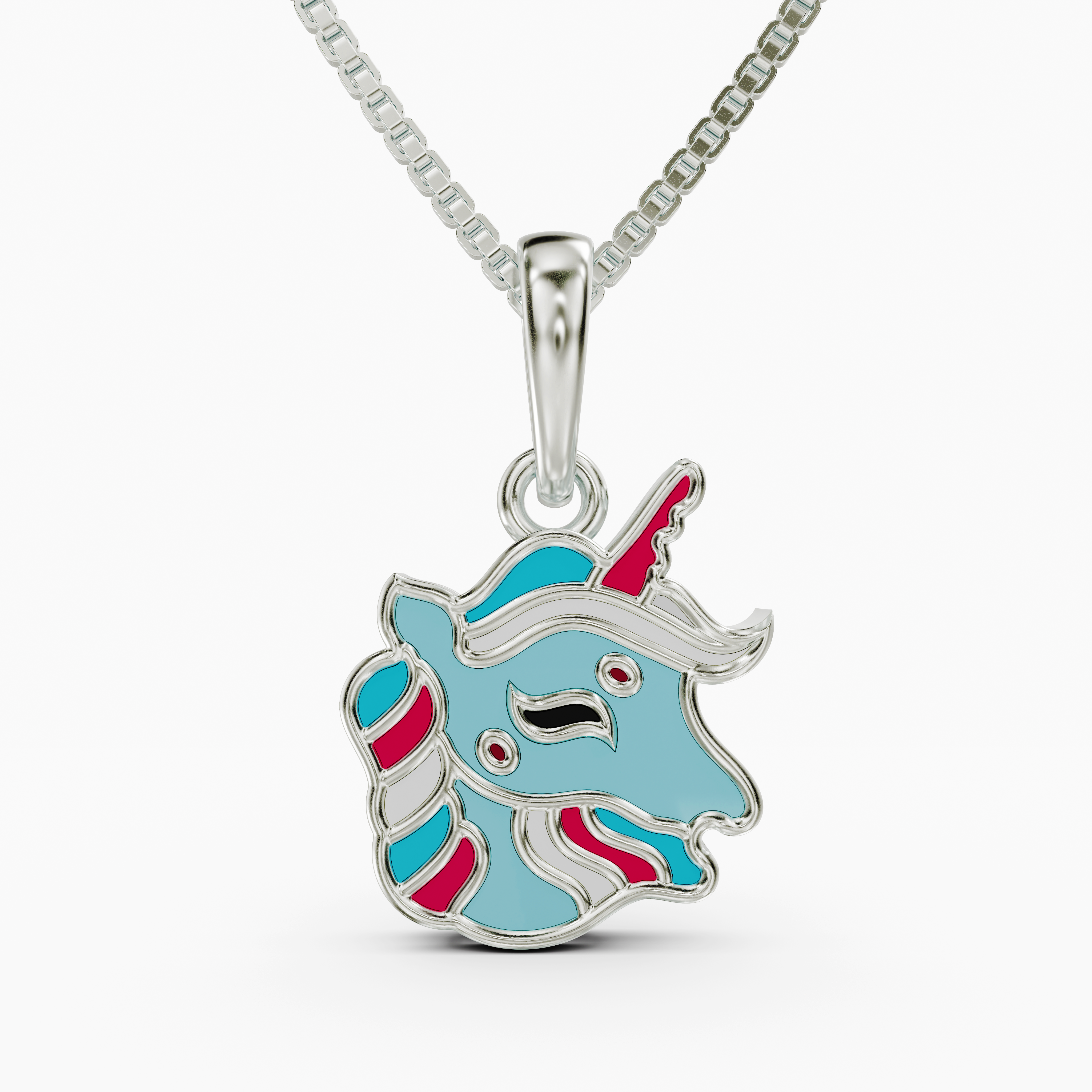925 Sterling Silver Unicorn Pendant - Teal & Pink Enamel CZ Necklace