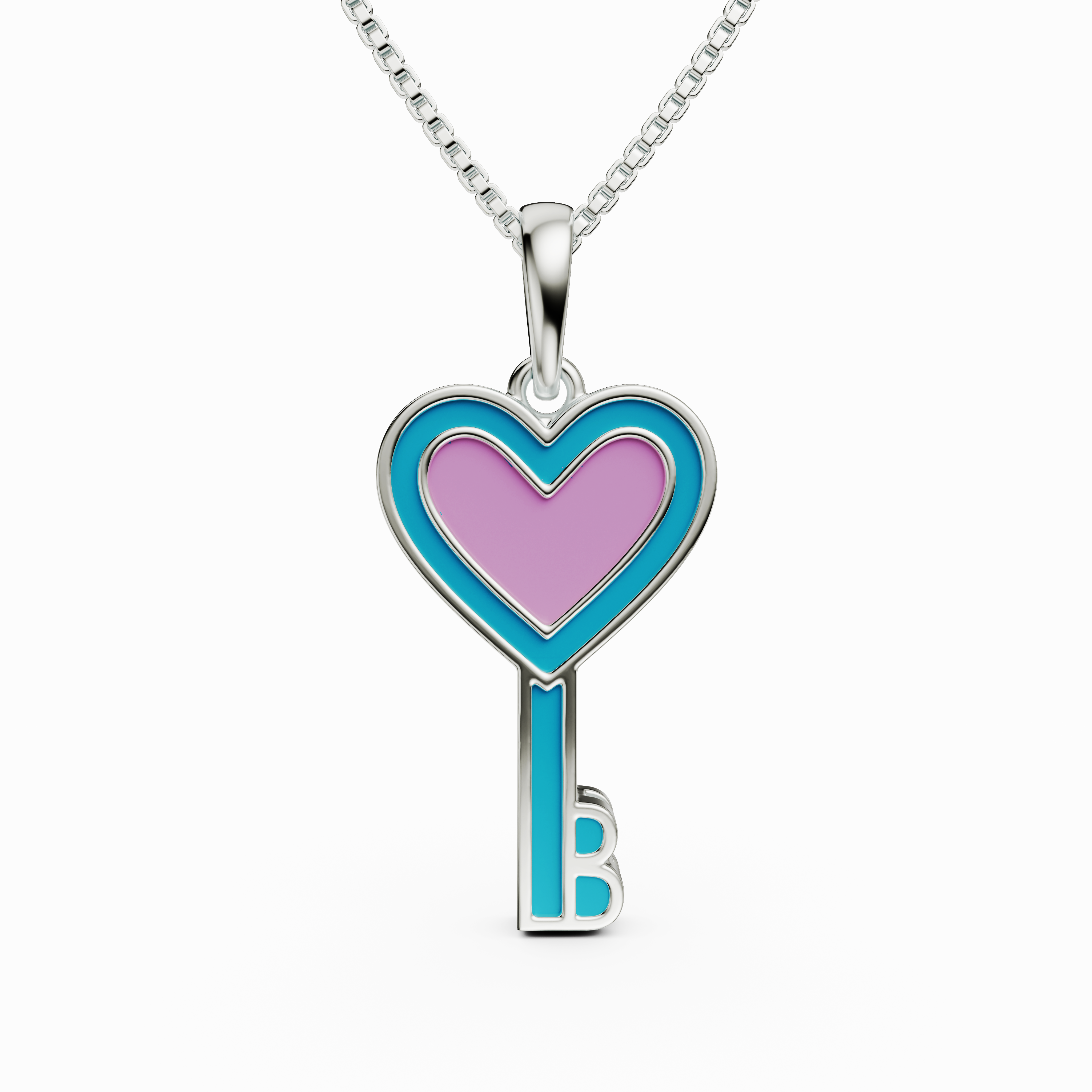 Whimsical Pink and Blue Enamel Heart Key Necklace in 925 Silver