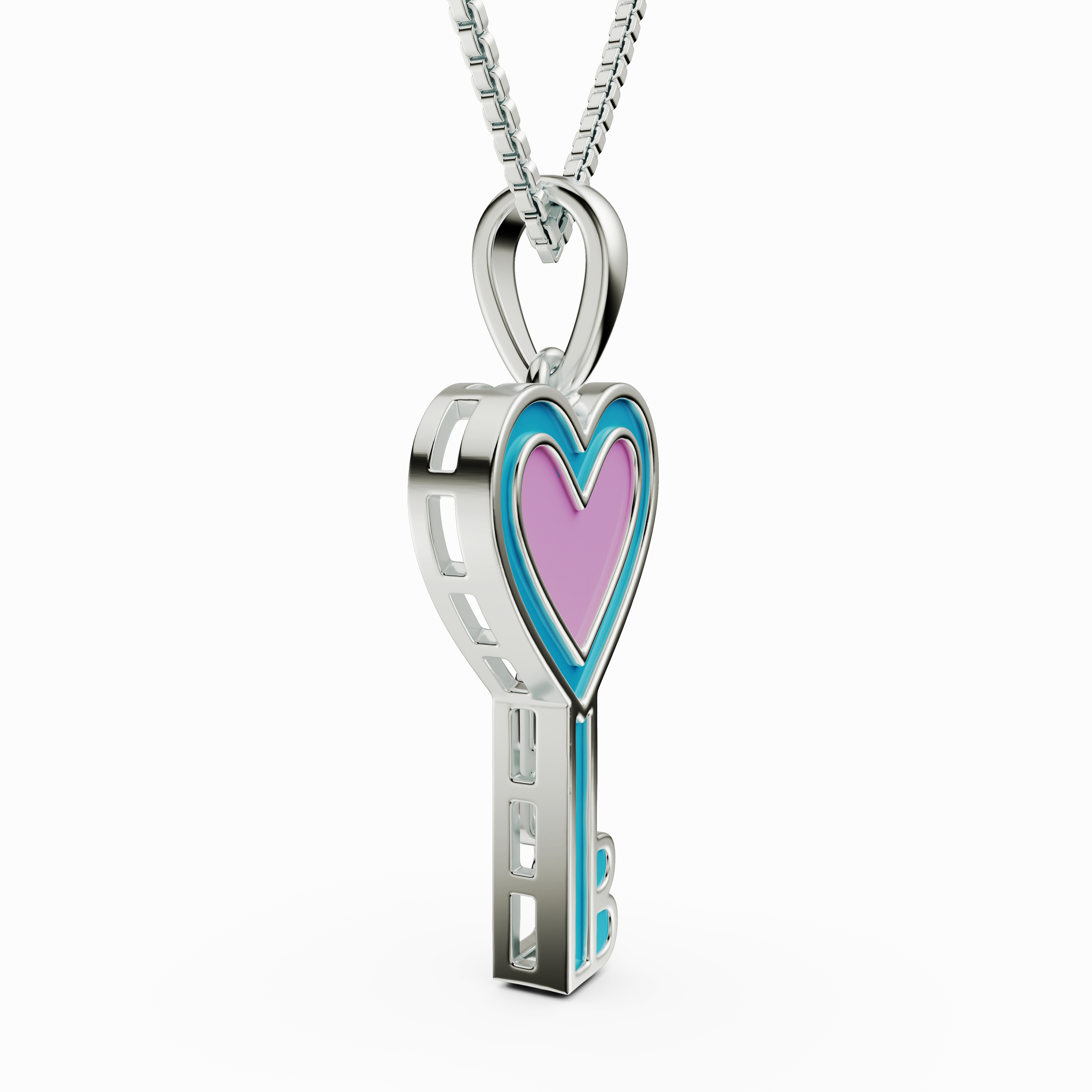 Whimsical Pink and Blue Enamel Heart Key Necklace in 925 Silver