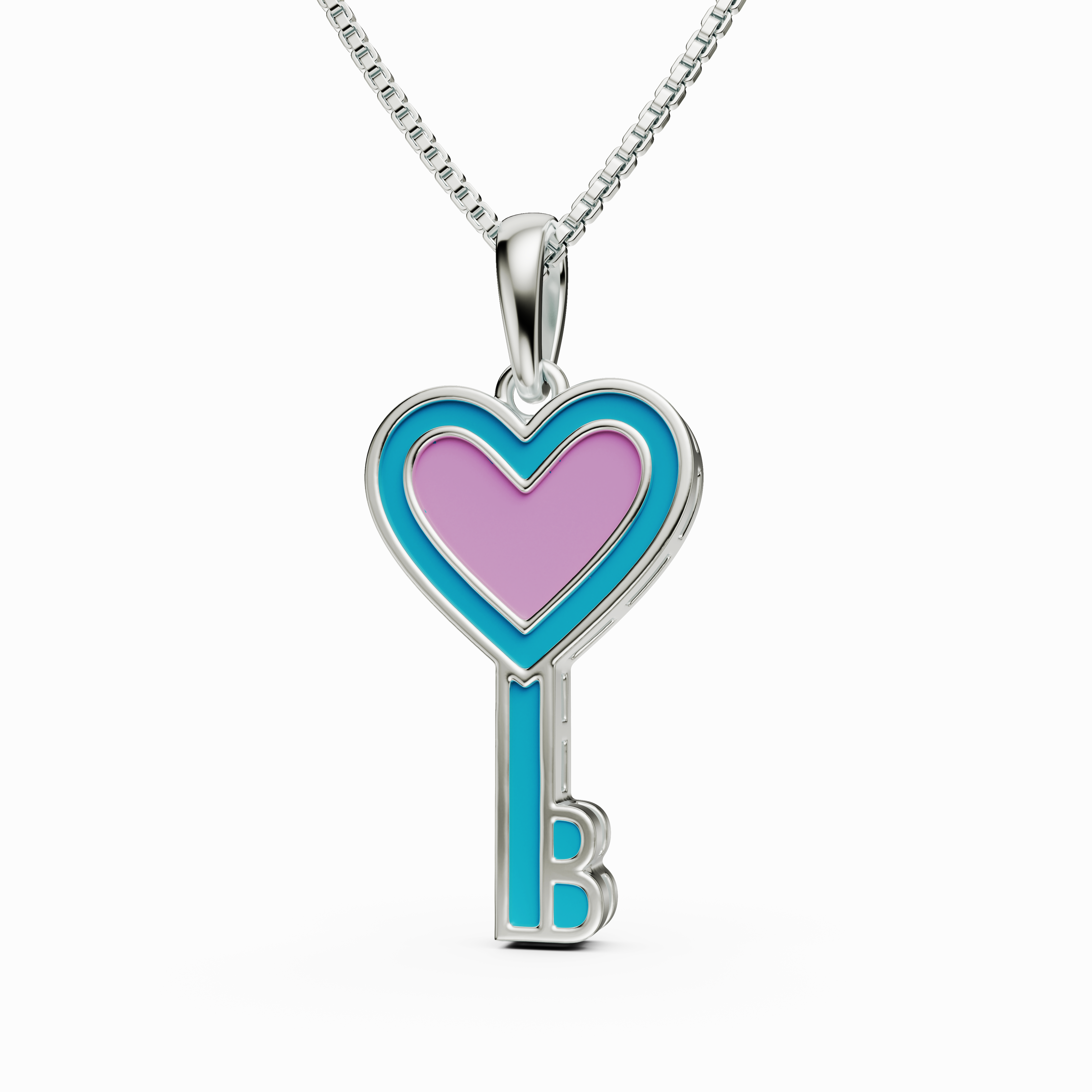 Whimsical Pink and Blue Enamel Heart Key Necklace in 925 Silver